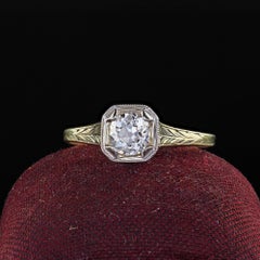 Antique Art Deco 14K Yellow Gold Old European Diamond Filigree Engagement Ring