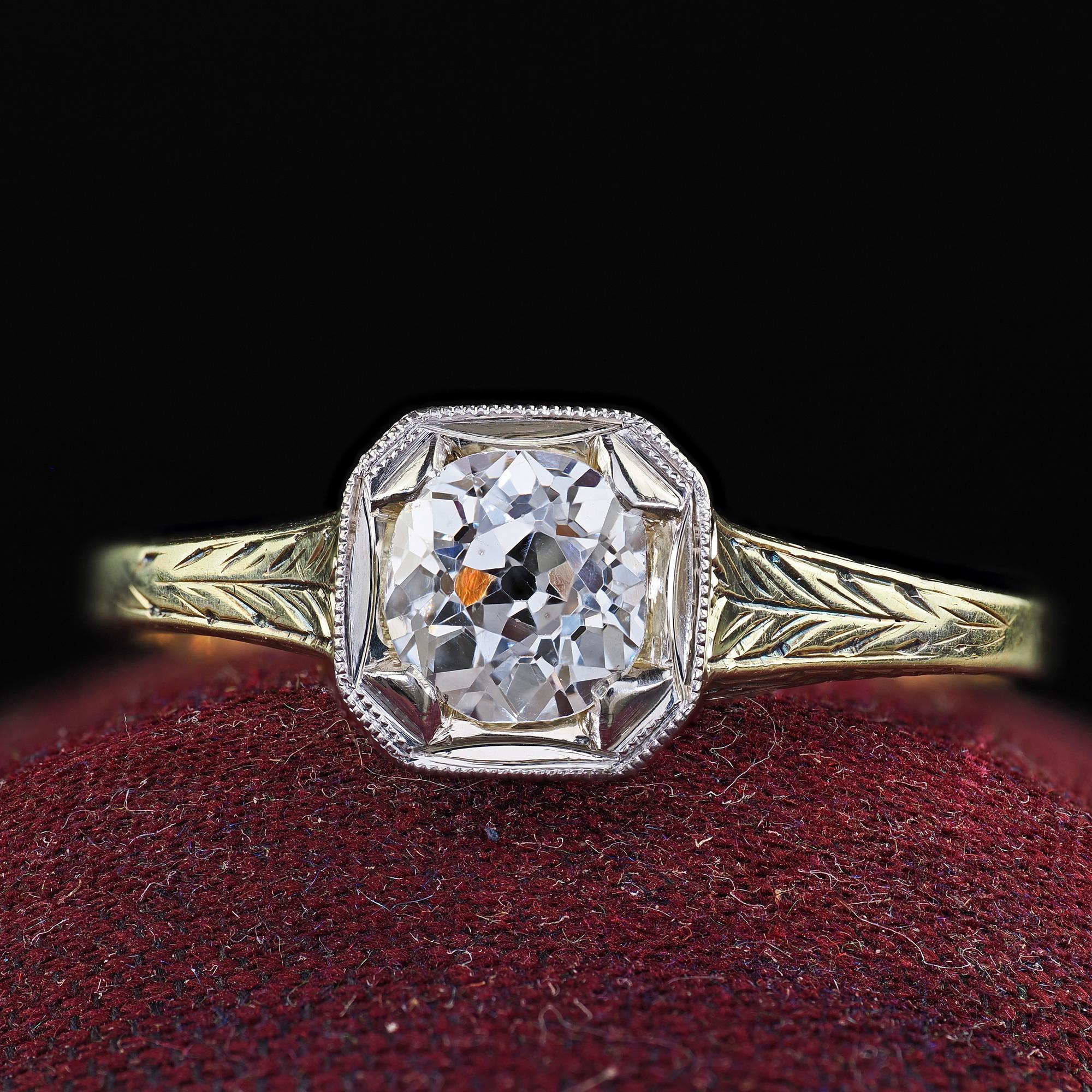 Donna Anello di fidanzamento antico Art Deco in oro giallo 14K con diamante europeo in filigrana in vendita