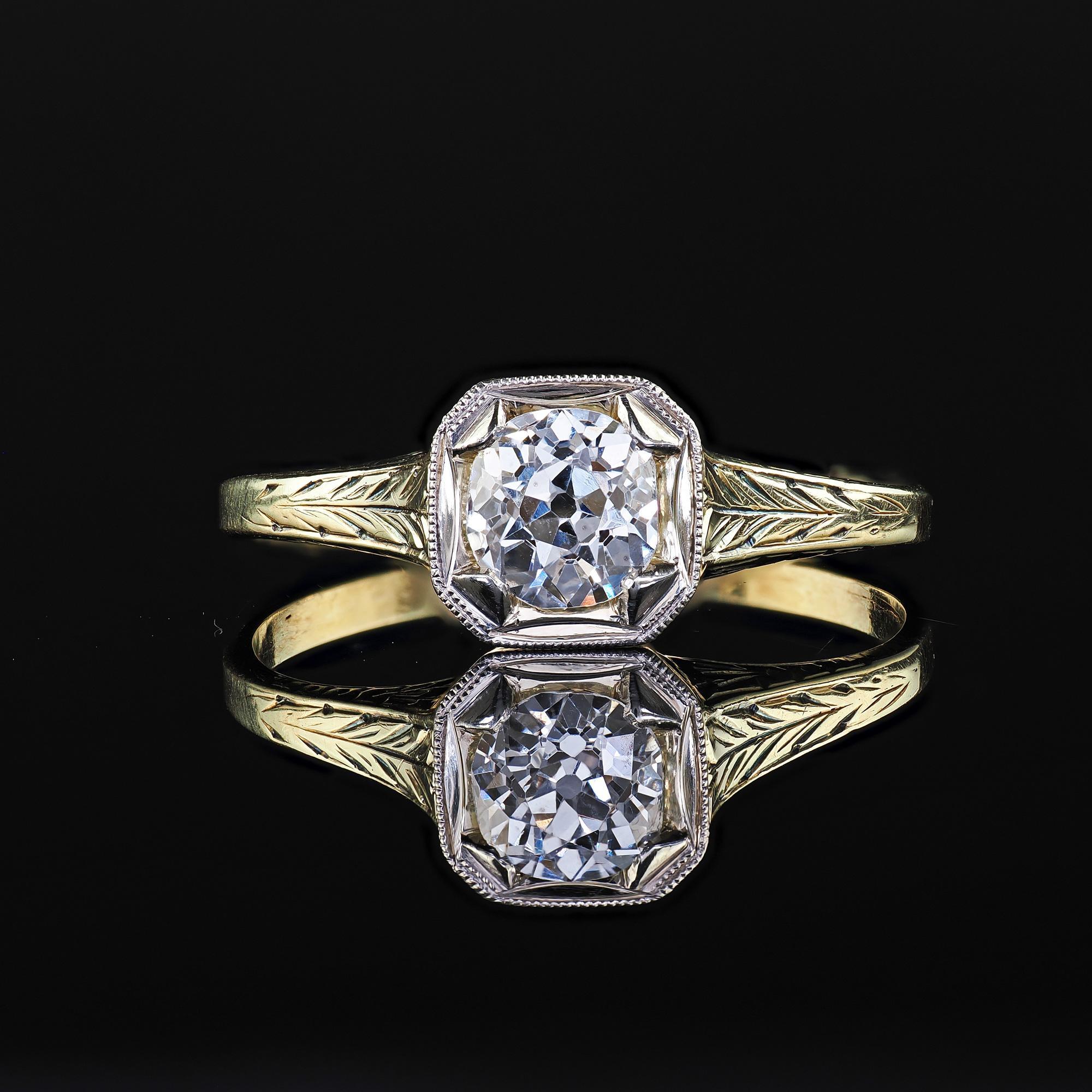 Anello di fidanzamento antico Art Deco in oro giallo 14K con diamante europeo in filigrana in vendita 1