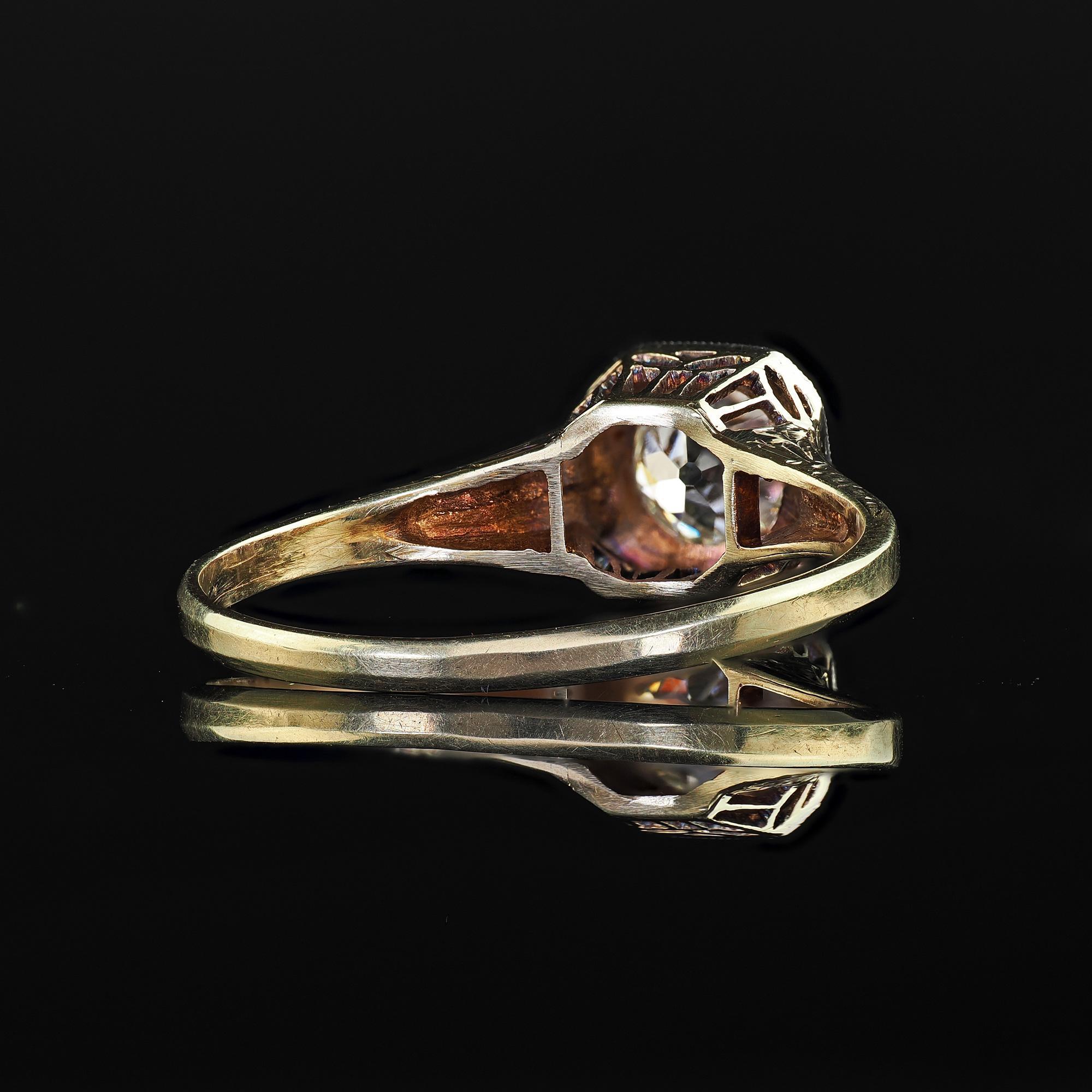 Anello di fidanzamento antico Art Deco in oro giallo 14K con diamante europeo in filigrana in vendita 2