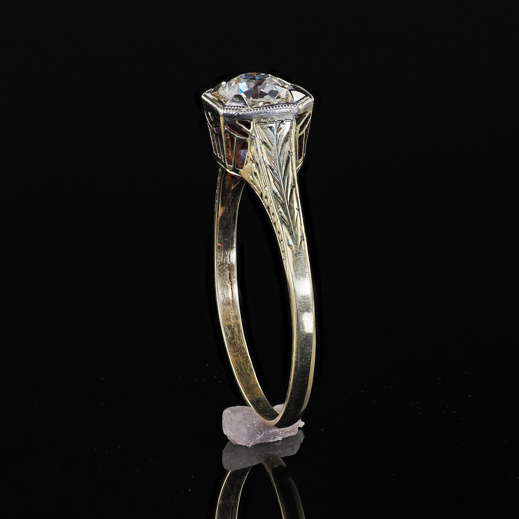 Anello di fidanzamento antico Art Deco in oro giallo 14K con diamante europeo in filigrana in vendita 3