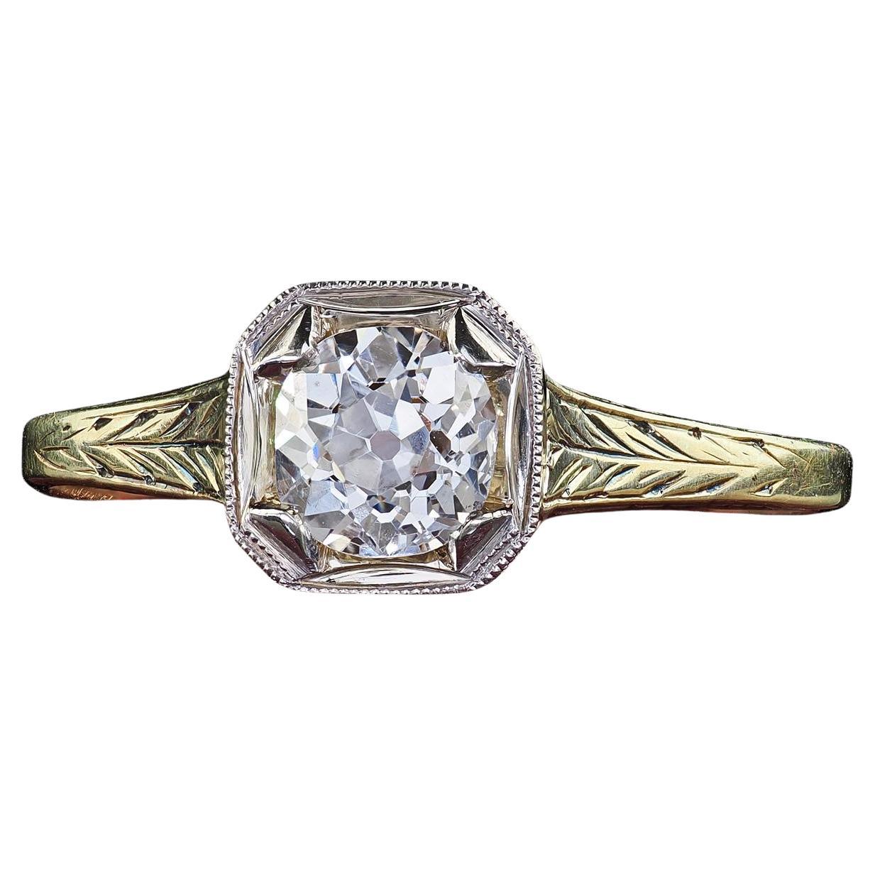 Anello di fidanzamento antico Art Deco in oro giallo 14K con diamante europeo in filigrana
