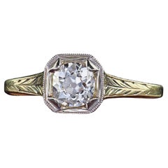 Anello di fidanzamento antico Art Deco in oro giallo 14K con diamante europeo in filigrana