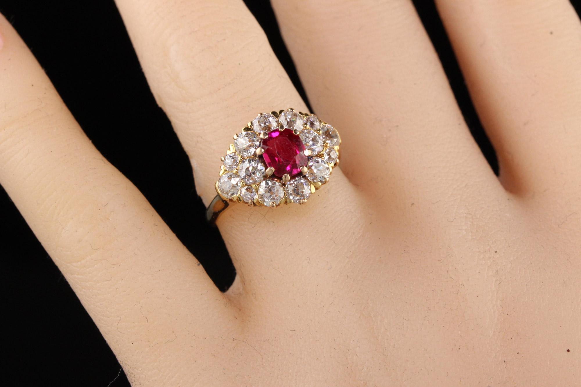 Victorian Antique Art Deco 14K Yellow Gold Old European Diamond Ruby Ring For Sale
