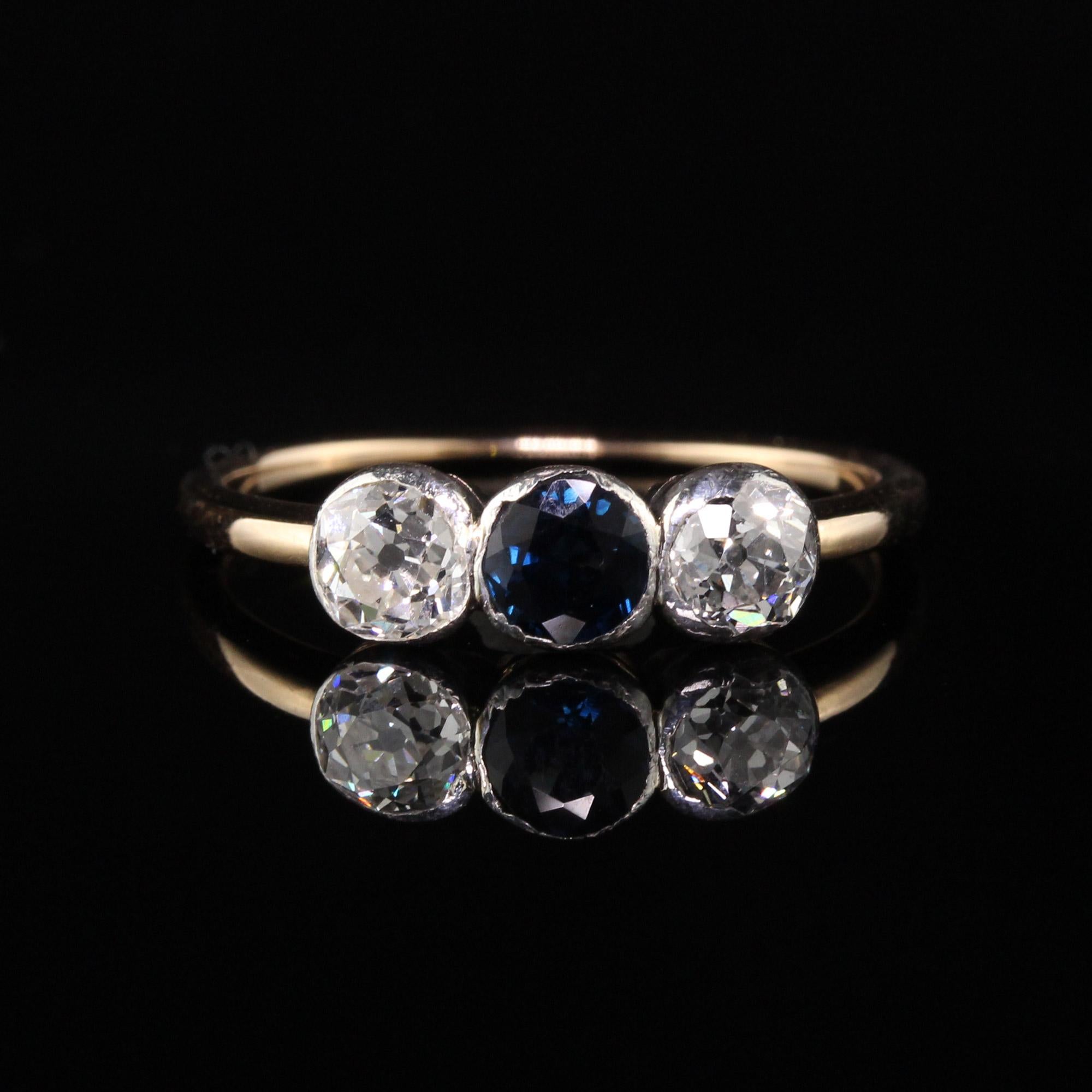 Old European Cut Art Deco 14 Karat Yellow Gold Old European Diamond Sapphire Three-Stone Ring