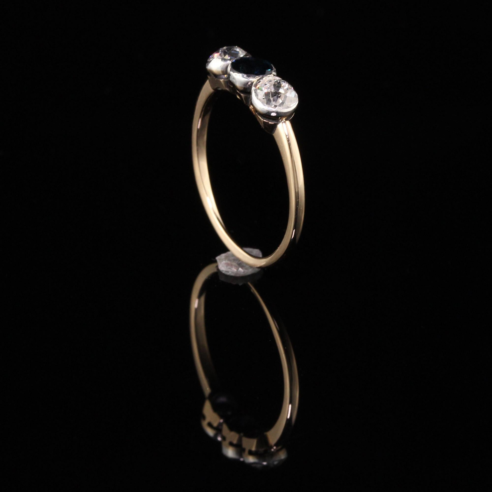 Women's Art Deco 14 Karat Yellow Gold Old European Diamond Sapphire Three-Stone Ring