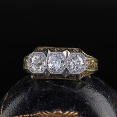 Antique Art Deco 14K Yellow Gold Old European Diamond Three Stone Engraved Ring