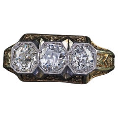 Anello antico Art Deco in oro giallo 14K con diamante europeo inciso a tre pietre