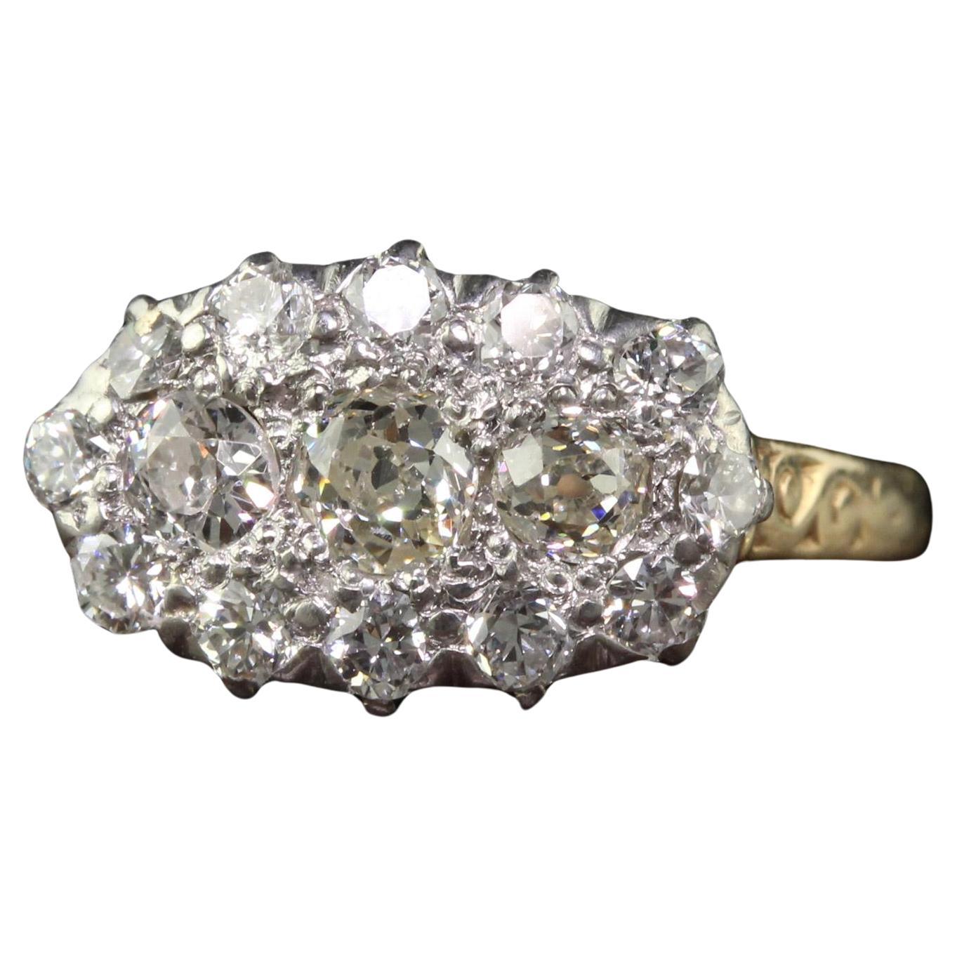 Antique Edwardian 14K Yellow Gold Old Mine Cut Diamond Cluster Ring