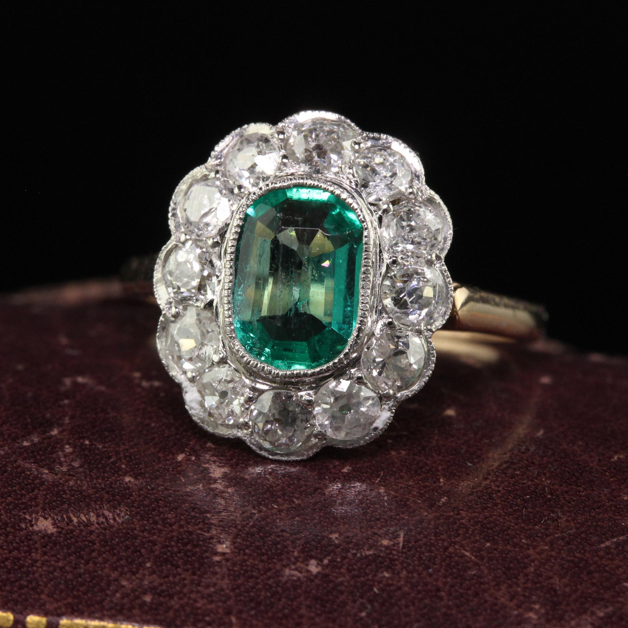 Beautiful Antique Art Deco 14K Yellow Gold Old Mine Diamond and Emerald Engagement Ring. This incredible art deco engagement ring is crafted in 14k yellow gold. The center holds a natural green antique cushion emerald and is surrounded why beautiful