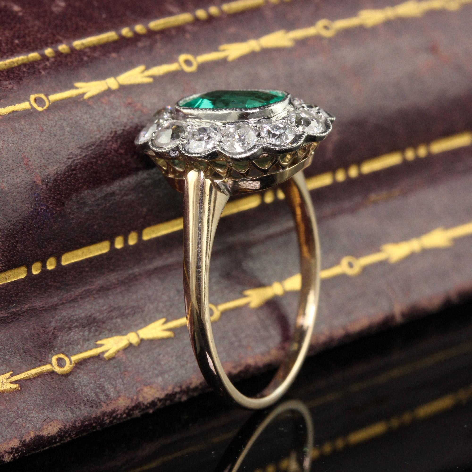 Antique Cushion Cut Antique Art Deco 14K Yellow Gold Old Mine Diamond and Emerald Engagement Ring For Sale