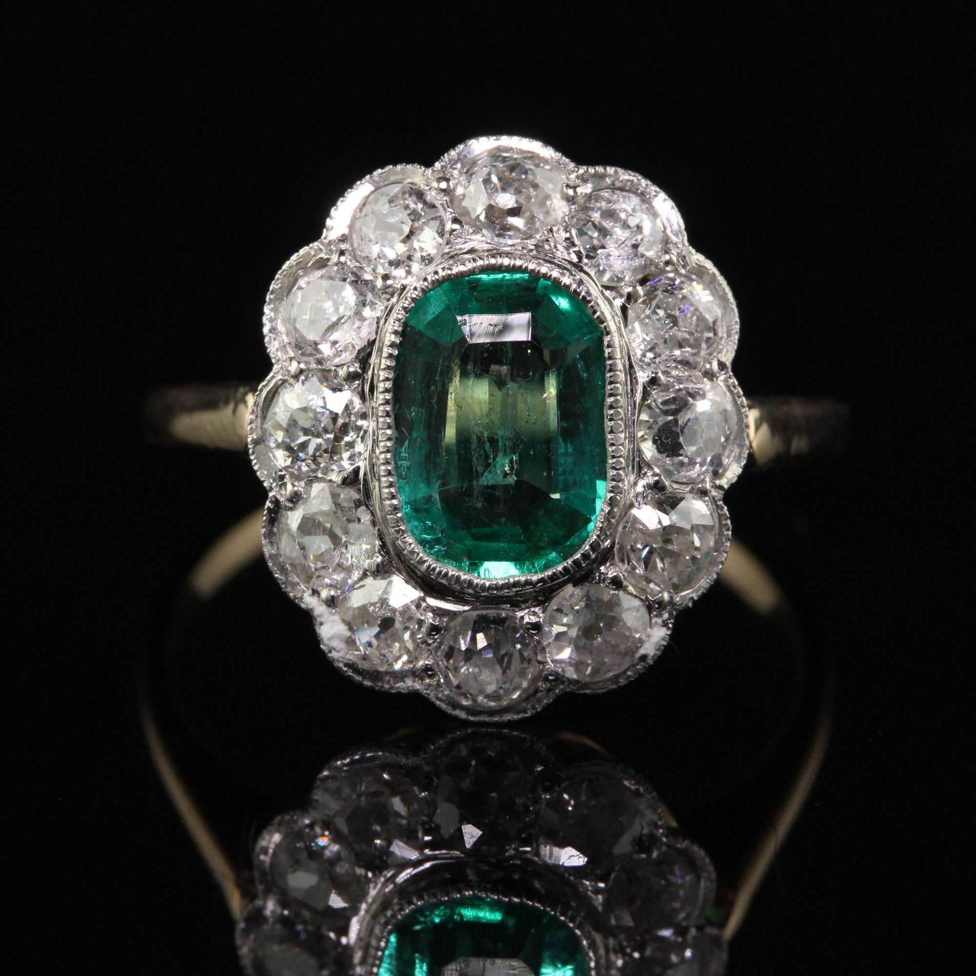 Women's Antique Art Deco 14K Yellow Gold Old Mine Diamond and Emerald Engagement Ring For Sale