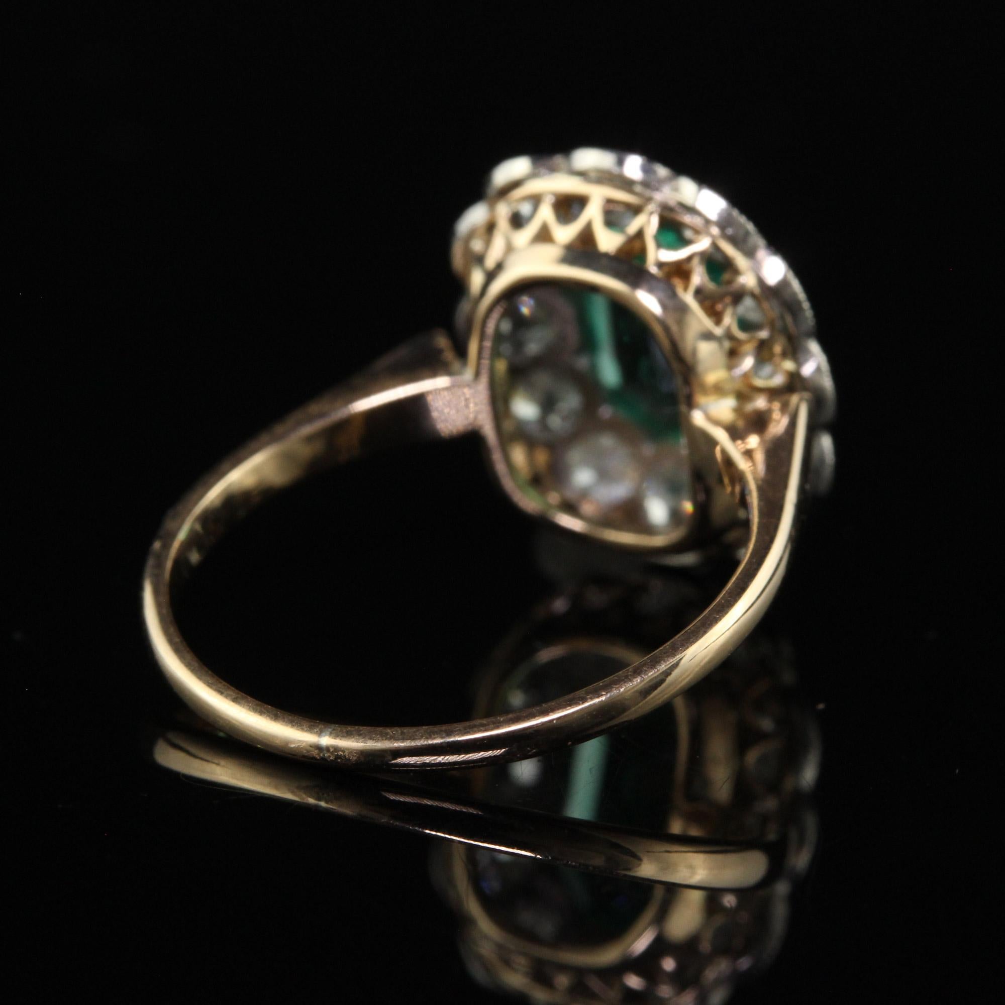 Antique Art Deco 14K Yellow Gold Old Mine Diamond and Emerald Engagement Ring For Sale 1
