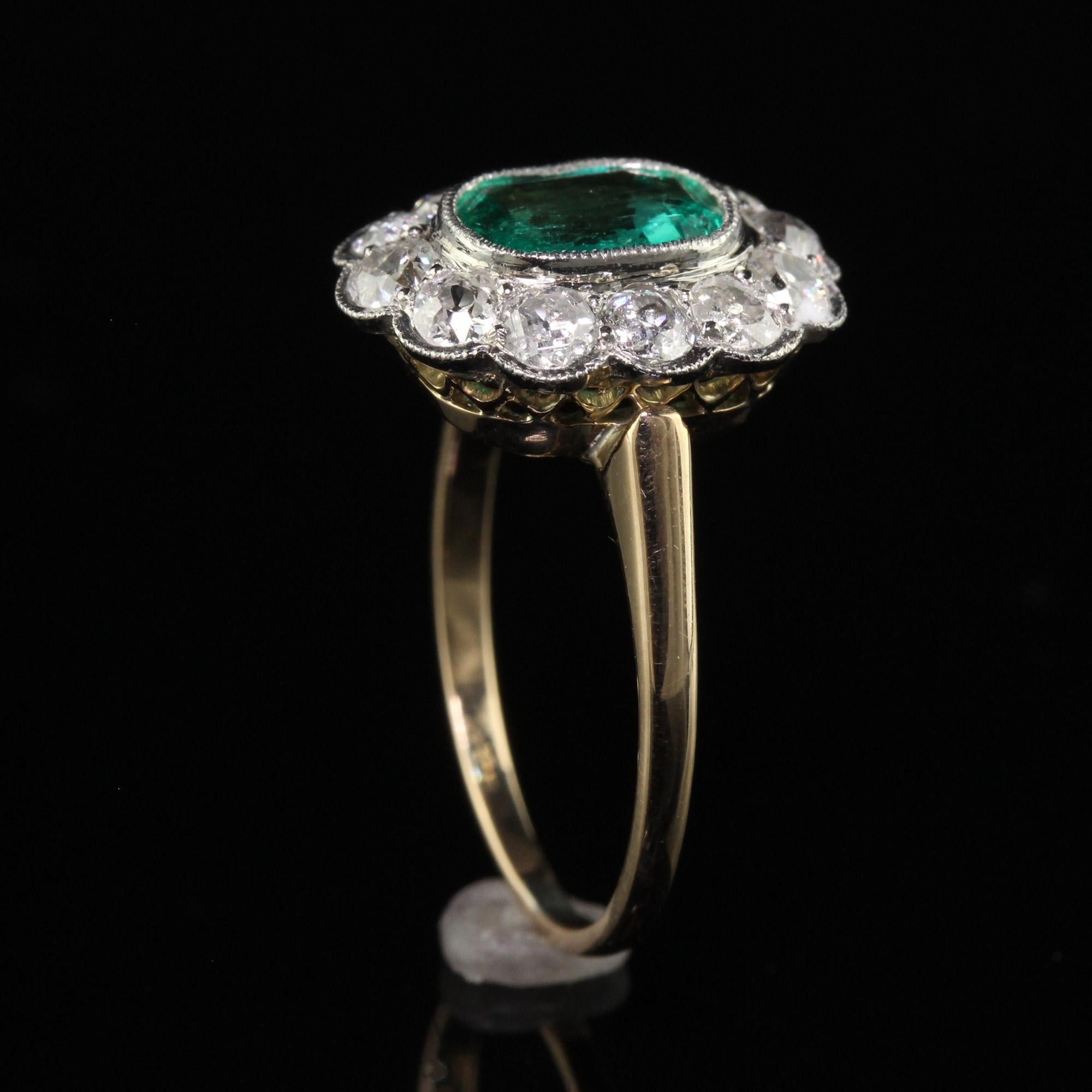 Antique Art Deco 14K Yellow Gold Old Mine Diamond and Emerald Engagement Ring For Sale 2