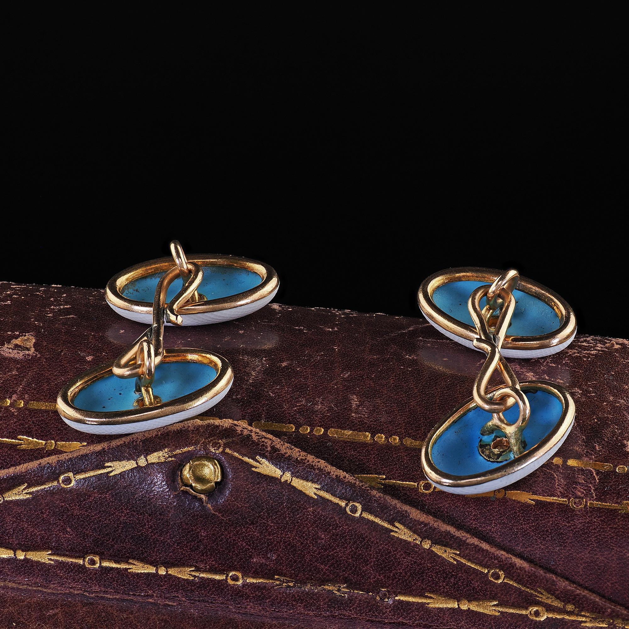 Gemelos Antiguos Art Decó de Oro Amarillo de 14 K Diamantes de Mina Antigua y Esmalte Talla antigua en venta