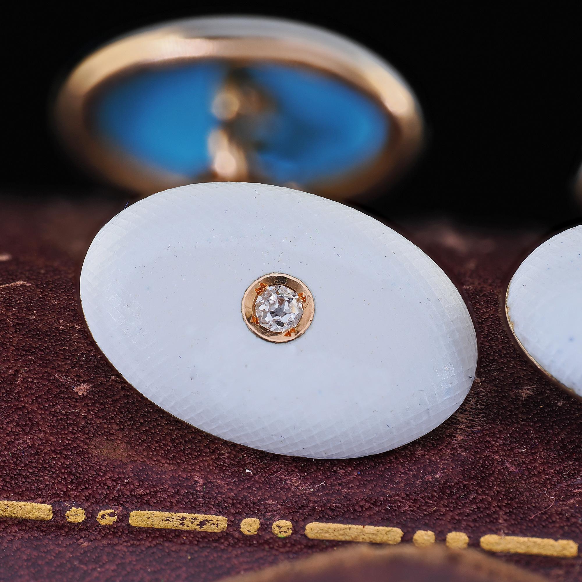 Gemelos Antiguos Art Decó de Oro Amarillo de 14 K Diamantes de Mina Antigua y Esmalte en venta 2
