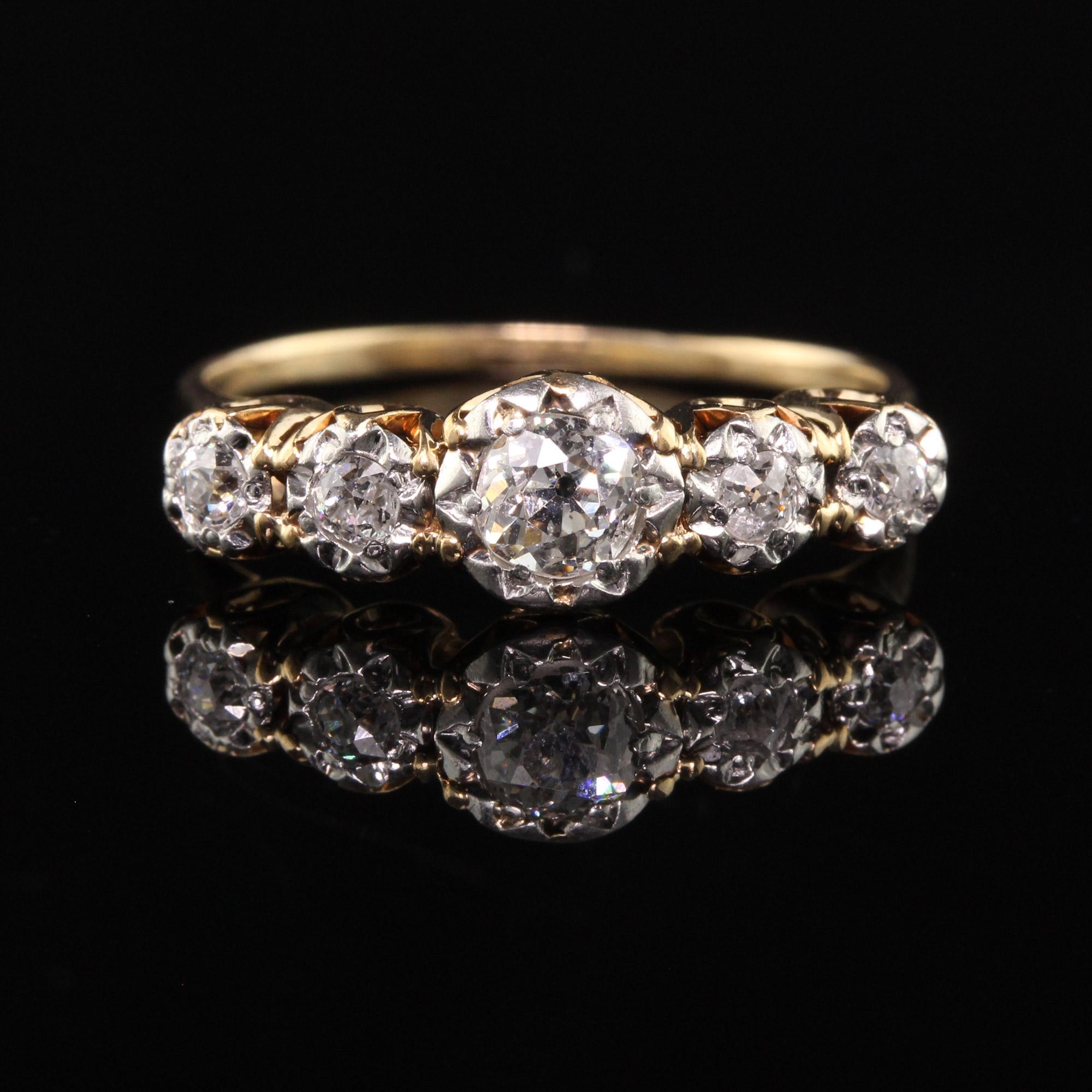Antique Art Deco 14K Yellow Gold Old Mine Diamond Five Stone Ring In Good Condition For Sale In Great Neck, NY