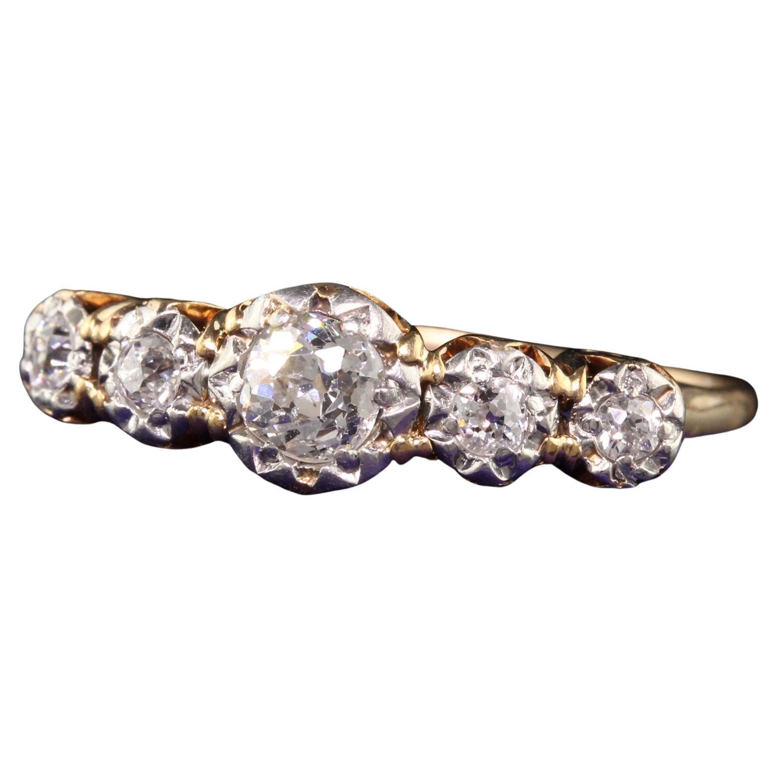 Antiker Art Deco 14K Gelbgold Old Mine Diamant-Ring mit fünf Steinen, Art déco