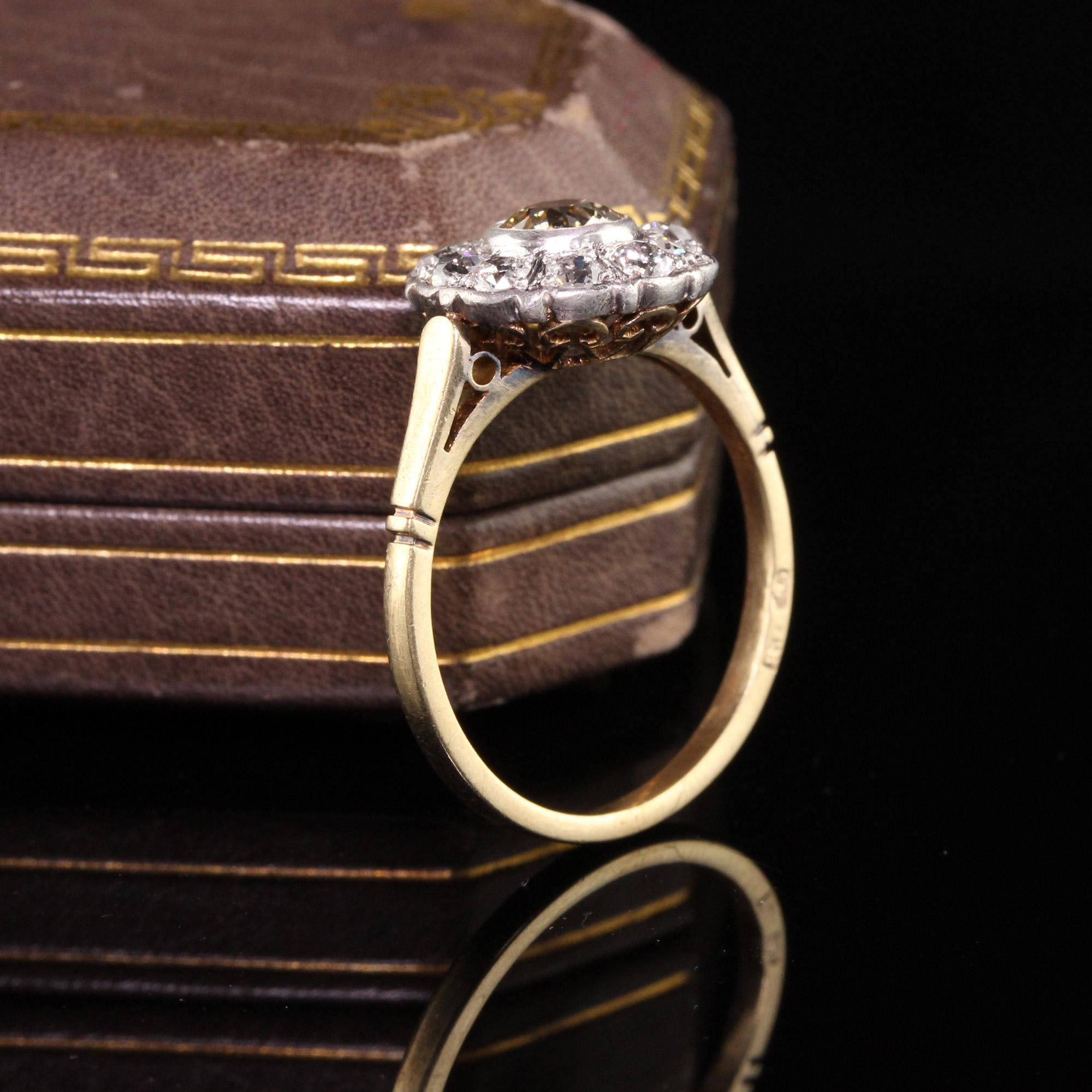 Beautiful Antique Art Deco 14K Yellow Gold Old Mine Diamond Halo Engagement Ring. This gorgeous ring features an old mine diamond in the center surrounded by old mine diamonds.

Item #R0849

Metal: 14K Yellow Gold and Silver Top

Center Diamond: