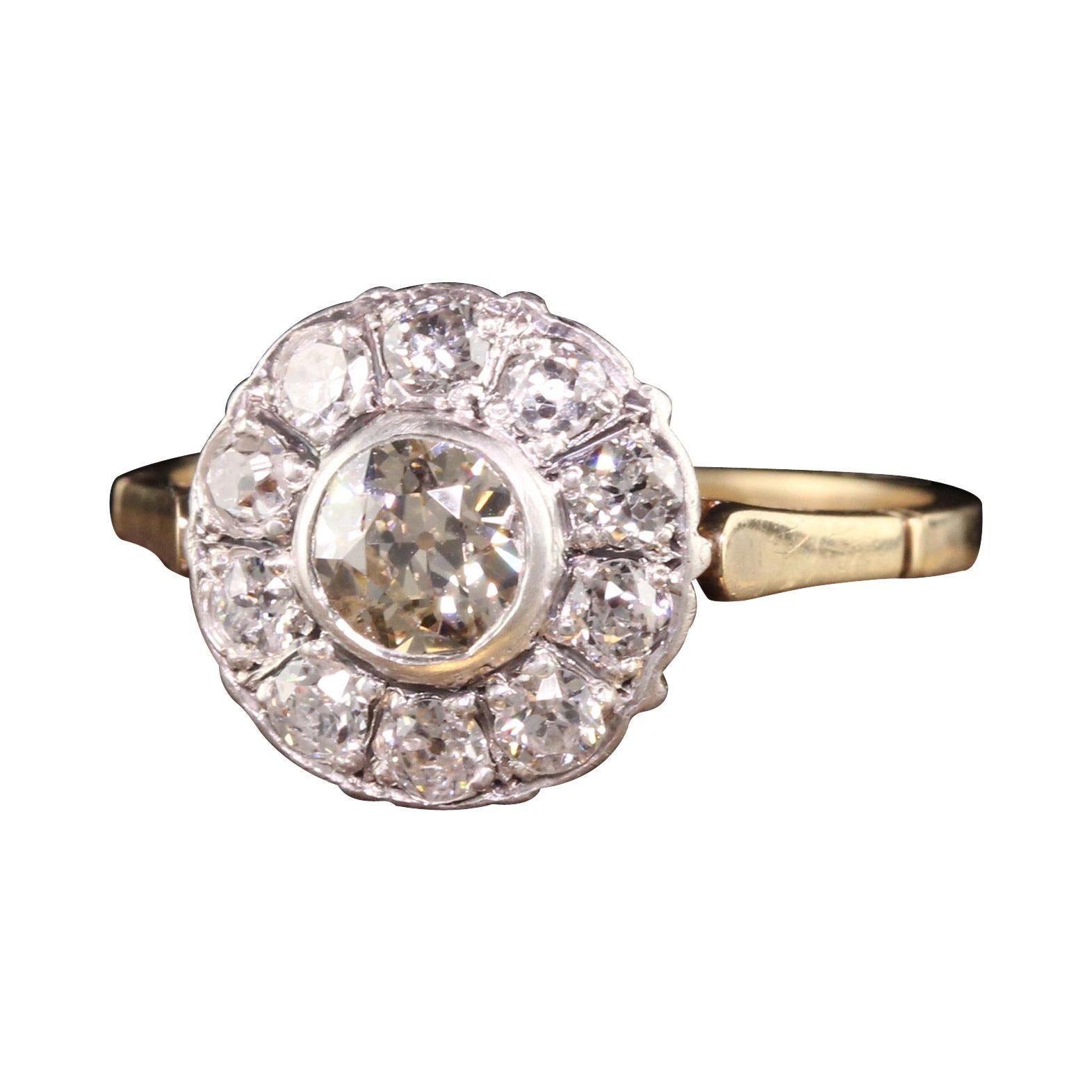 Antique Art Deco 14K Yellow Gold Old Mine Diamond Halo Engagement Ring