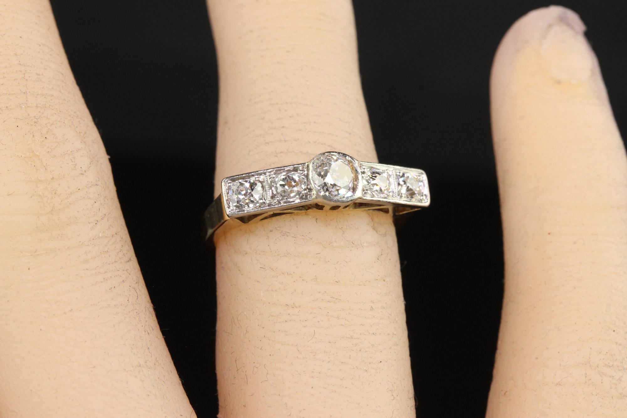 Antique Art Deco 14K Yellow Gold Old Mine Diamond Wedding Band Ring For Sale 2