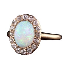 Antique Art Deco 14k Yellow Gold Opal Old Mine Diamond Engagement Ring