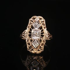 Antique Art Deco 14K Yellow Gold Palladium Bezel Diamond Filigree Ring Size 5.75