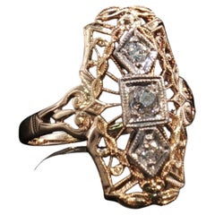Antique Art Deco 14K Yellow Gold Palladium Bezel Diamond Filigree Ring Size 5.75