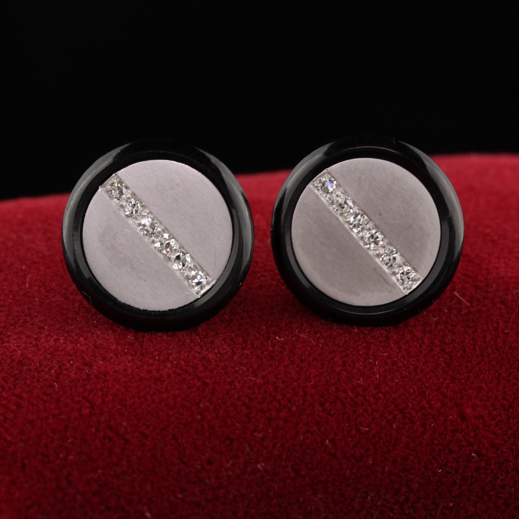 Beautiful Antique Art Deco 14K Yellow Gold Platinum and Onyx Diamond Button Earrings. These beautiful earrings are crafted in 14k yellow gold, onyx, and platinum top. The earrings were converted from a set of cufflink shirt buttons. They are in