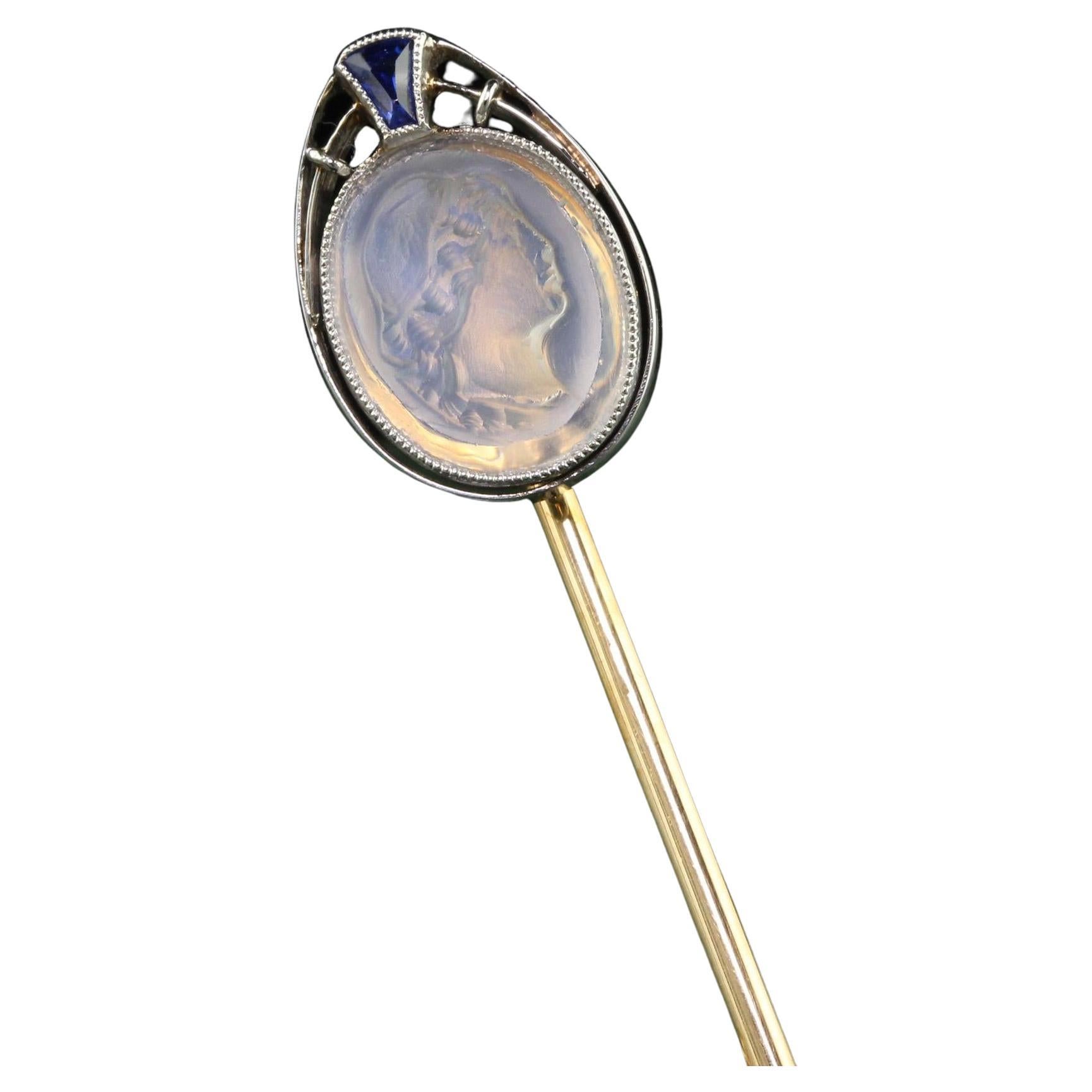 Antique Art Deco 14K Yellow Gold Platinum Carved Moonstone Lady Stick Pin For Sale
