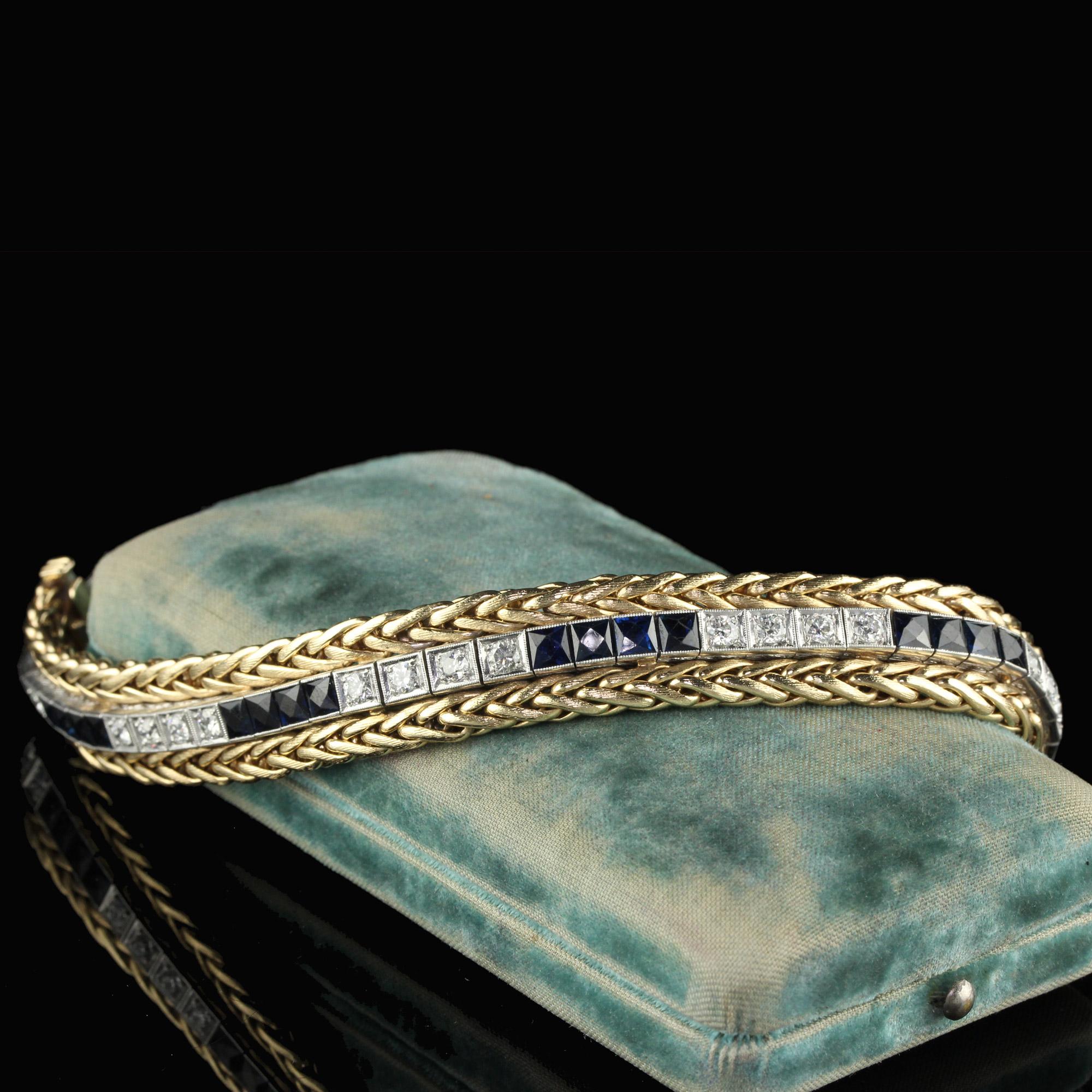 Beautiful Antique Art Deco 14K Yellow Gold Platinum Old Euro French Cut Sapphire Line Bracelet. This gorgeous bracelet is crafted in 14k yellow gold and platinum. The bracelet is a conversion of an Art Deco line bracelet that has natural old