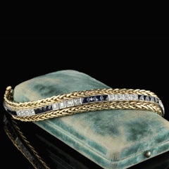 Antique Art Deco 14K Yellow Gold Platinum Old Euro French Cut Sapphire Line Brac