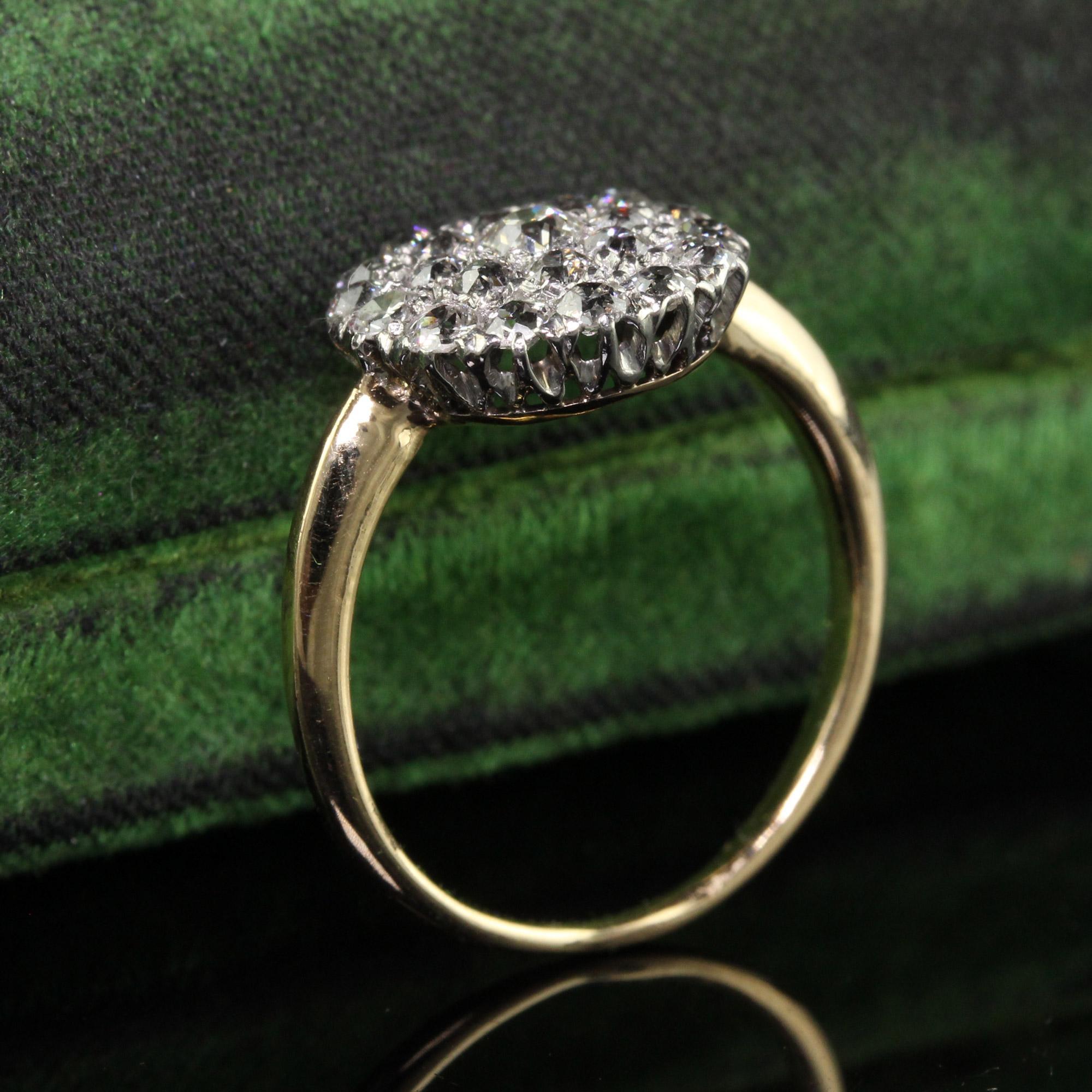 Antique Art Deco 14K Yellow Gold Platinum Old Mine Cut Diamond Cluster Ring In Good Condition In Great Neck, NY