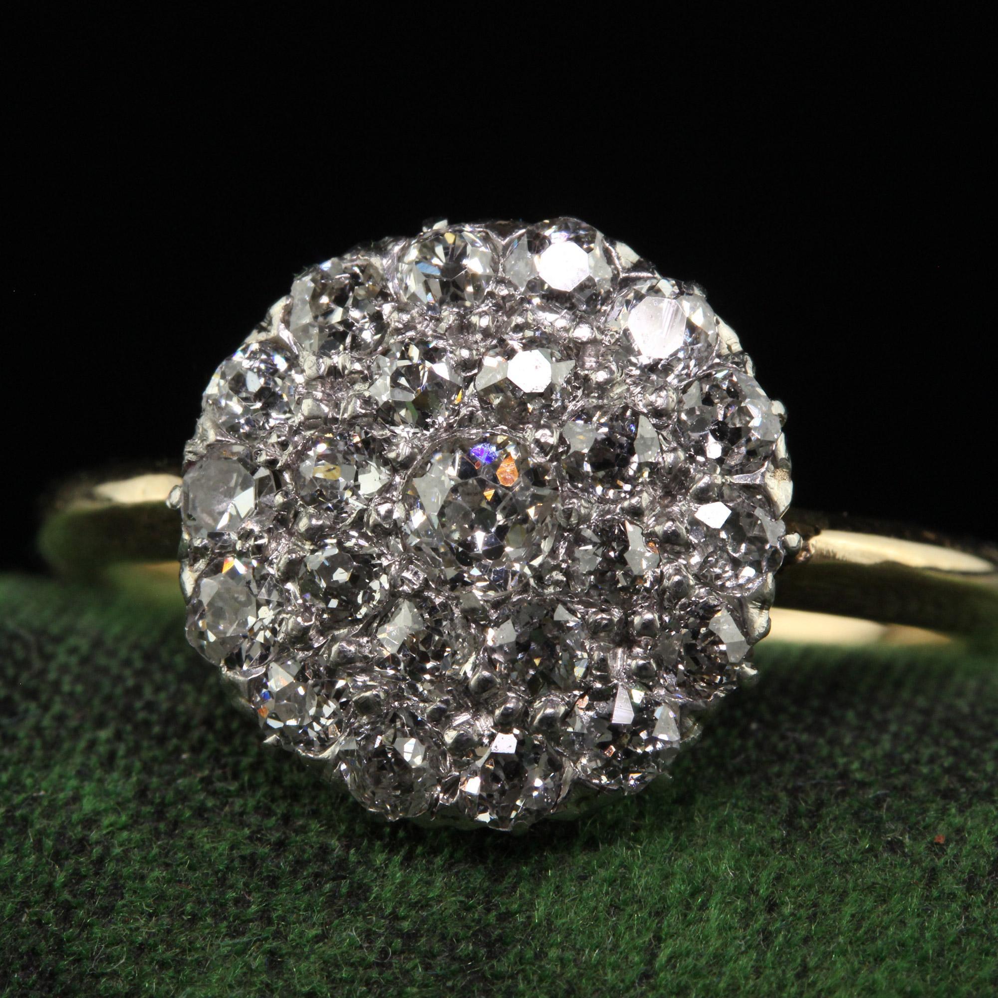 Women's Antique Art Deco 14K Yellow Gold Platinum Old Mine Cut Diamond Cluster Ring