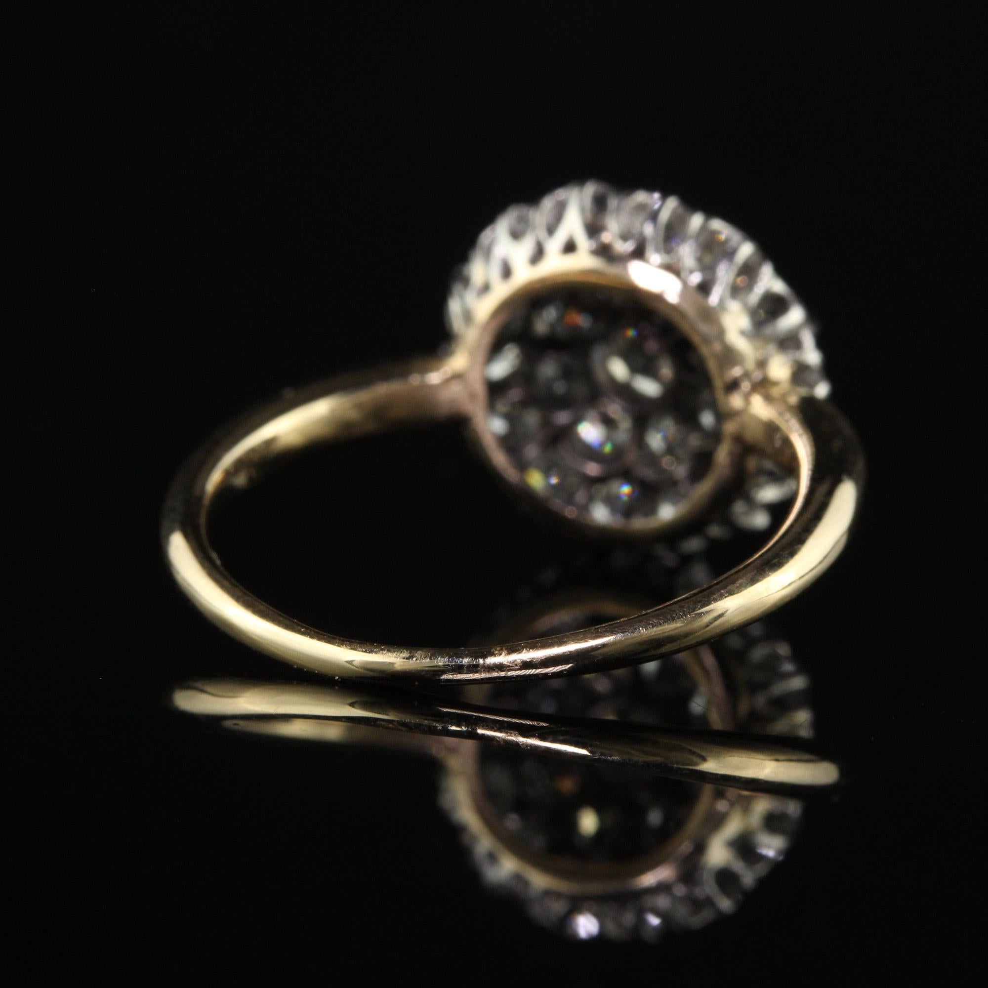 Antique Art Deco 14K Yellow Gold Platinum Old Mine Cut Diamond Cluster Ring For Sale 2
