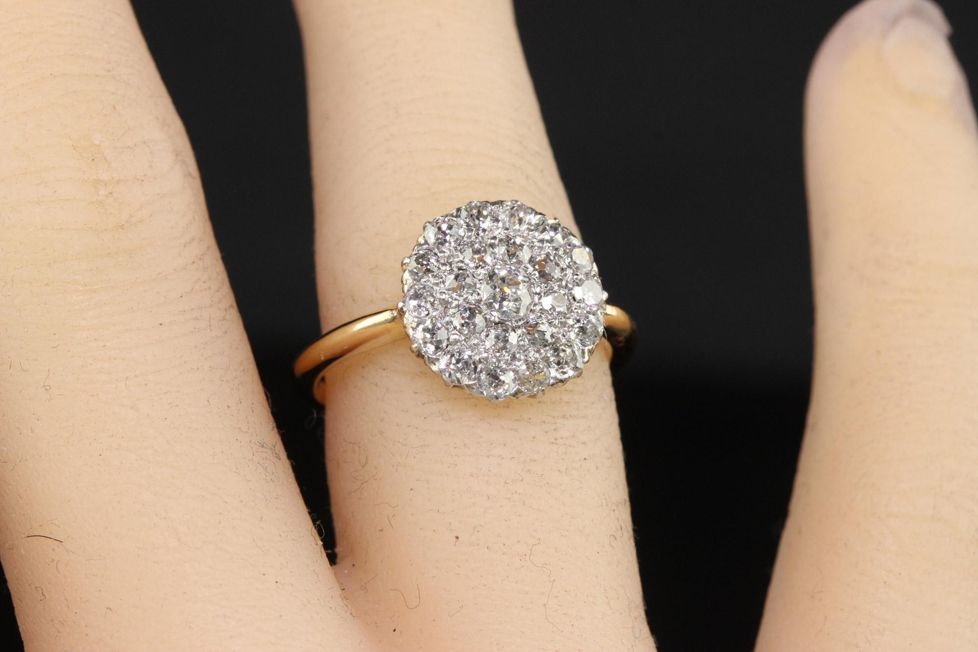 Antique Art Deco 14K Yellow Gold Platinum Old Mine Cut Diamond Cluster Ring For Sale 4
