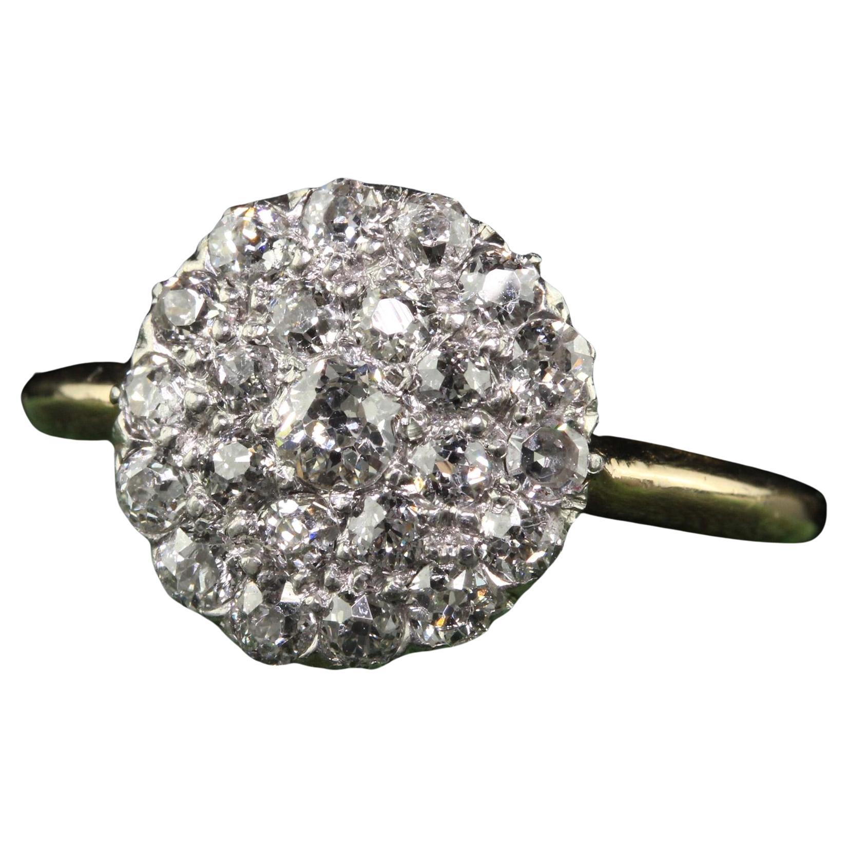 Antiker Art Deco 14K Gelbgold Platin Altminenschliff Diamant-Cluster-Ring im Angebot