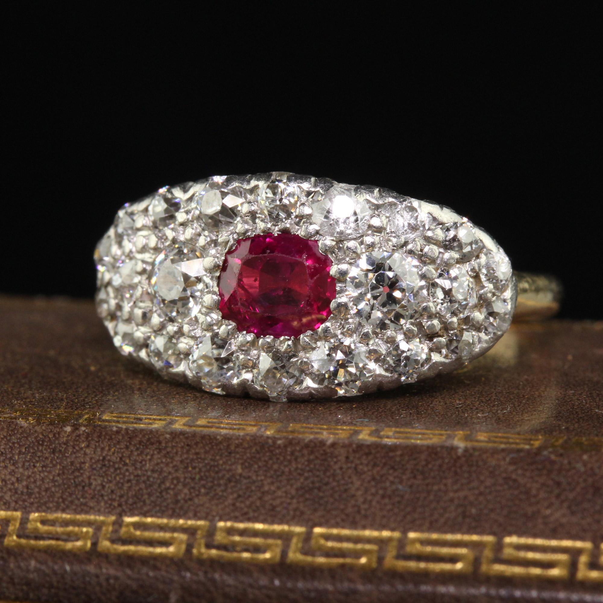 Beautiful Antique Art Deco 14K Yellow Gold Platinum Old Mine Diamond Burma Ruby Ring. This gorgeous saddle ring is crafted in 14k yellow gold and platinum. The center holds a natural Burmese ruby that appears to be untreated and is surrounded by old