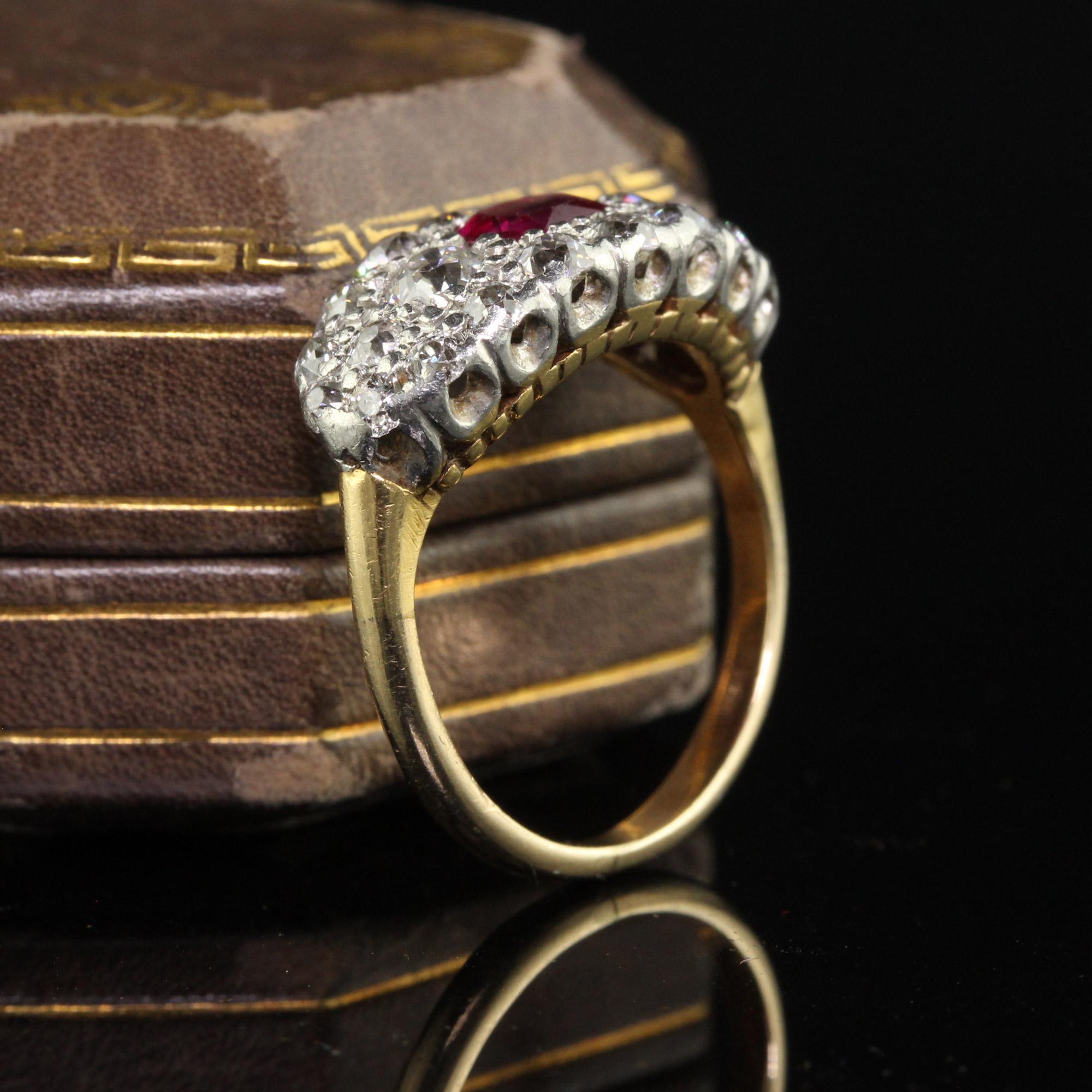 Old Mine Cut Antique Art Deco 14k Yellow Gold Platinum Old Mine Diamond Burma Ruby Ring For Sale