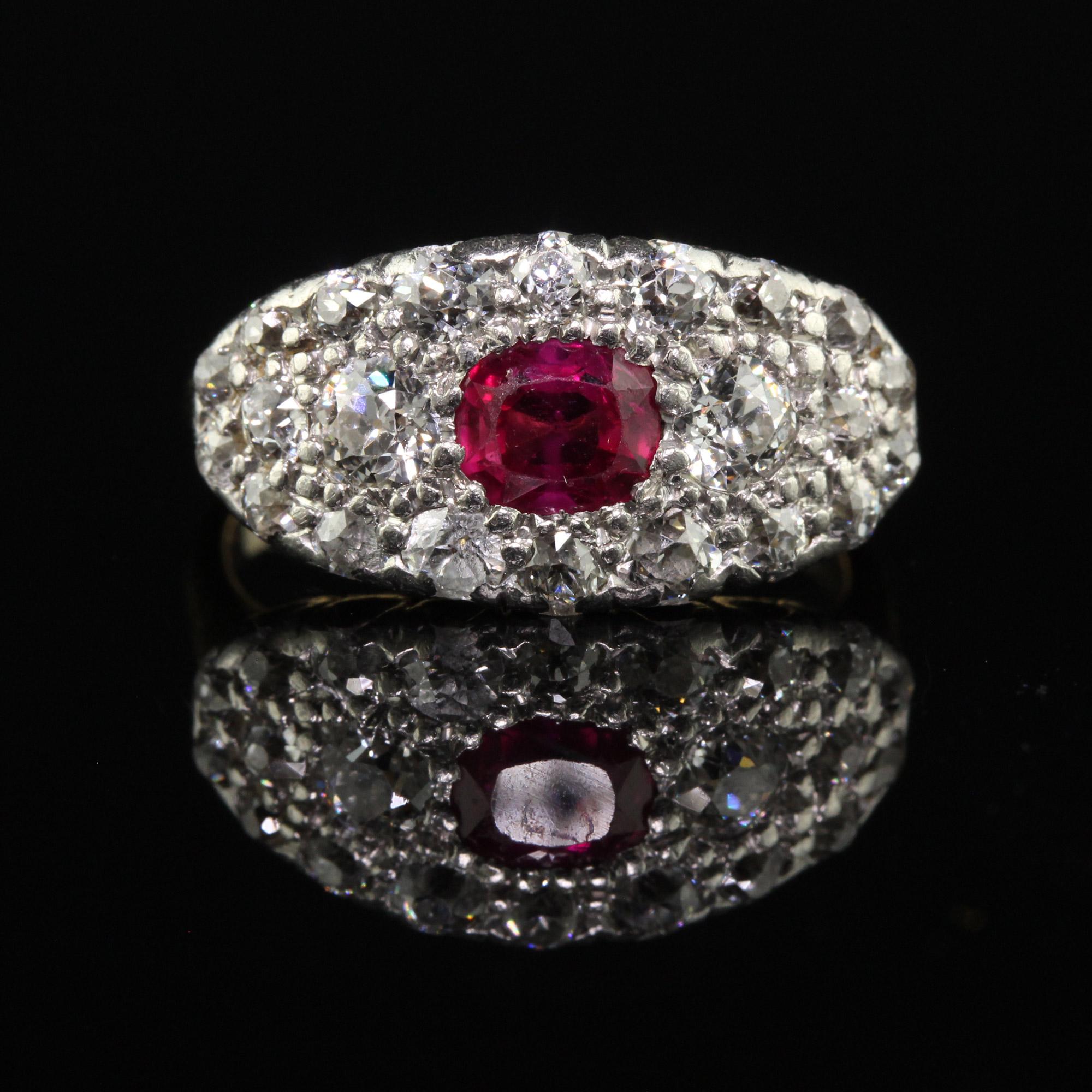 Antique Art Deco 14k Yellow Gold Platinum Old Mine Diamond Burma Ruby Ring In Good Condition For Sale In Great Neck, NY