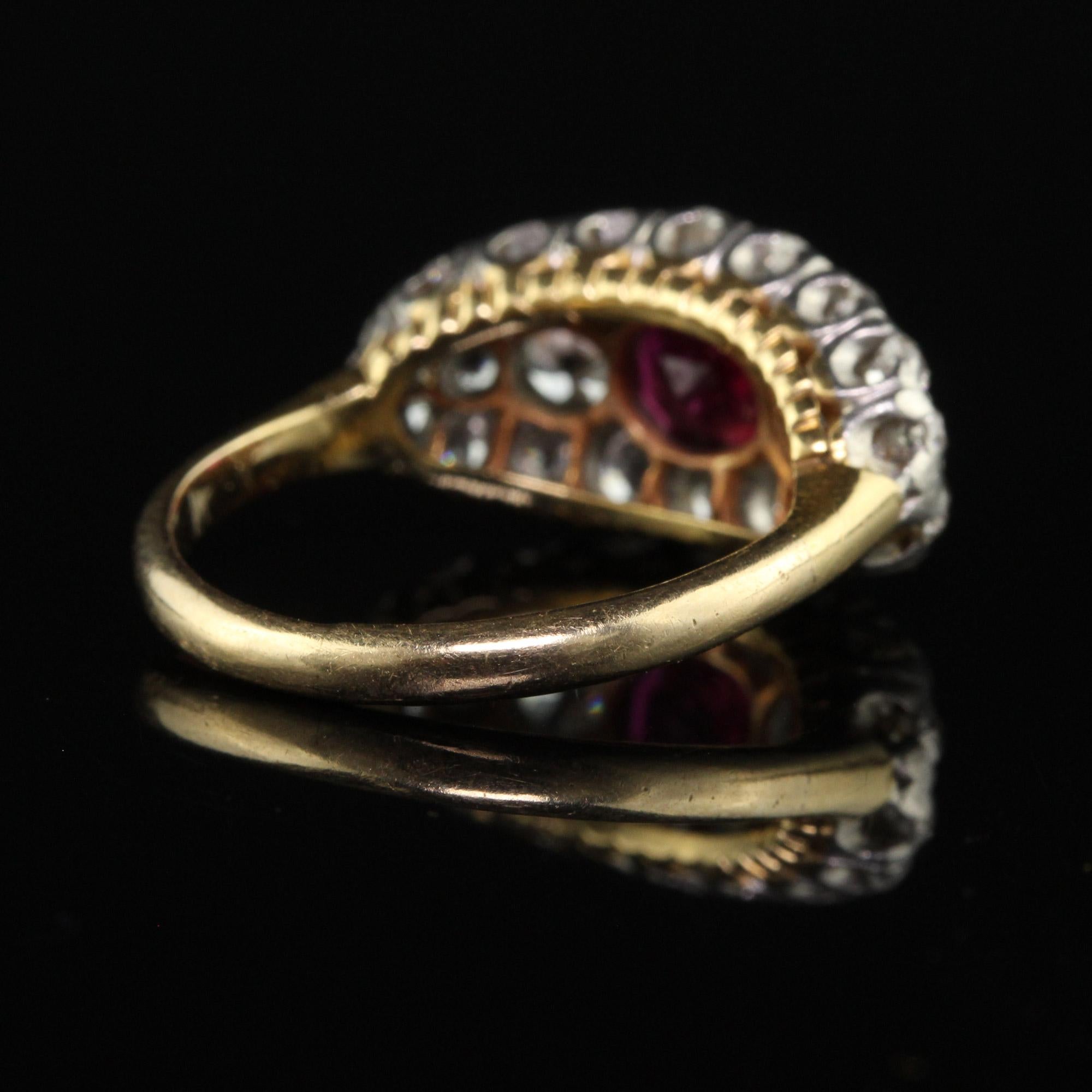 Women's Antique Art Deco 14k Yellow Gold Platinum Old Mine Diamond Burma Ruby Ring For Sale