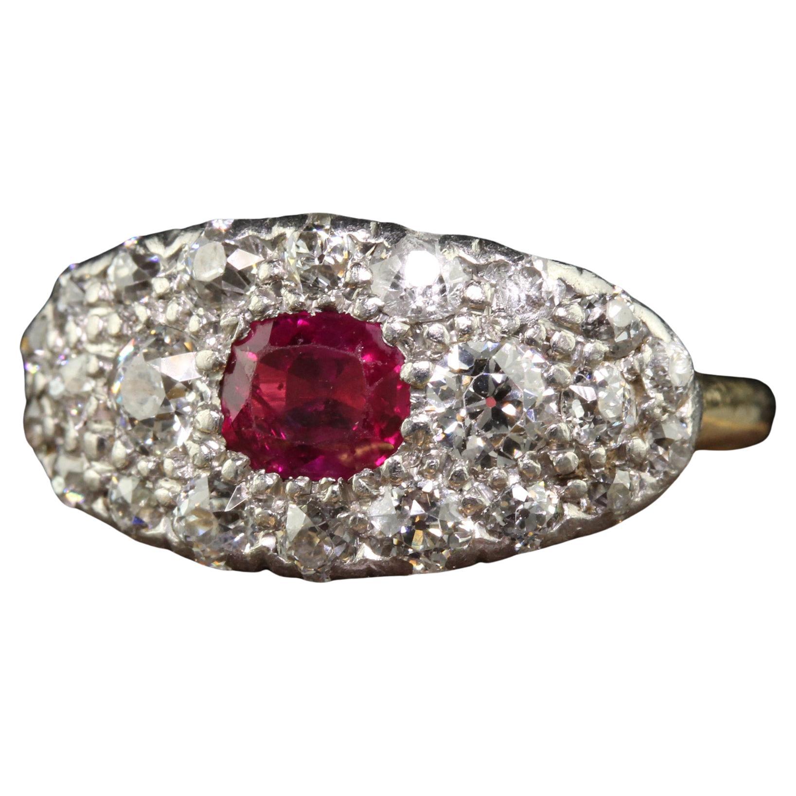Antique Art Deco 14k Yellow Gold Platinum Old Mine Diamond Burma Ruby Ring For Sale