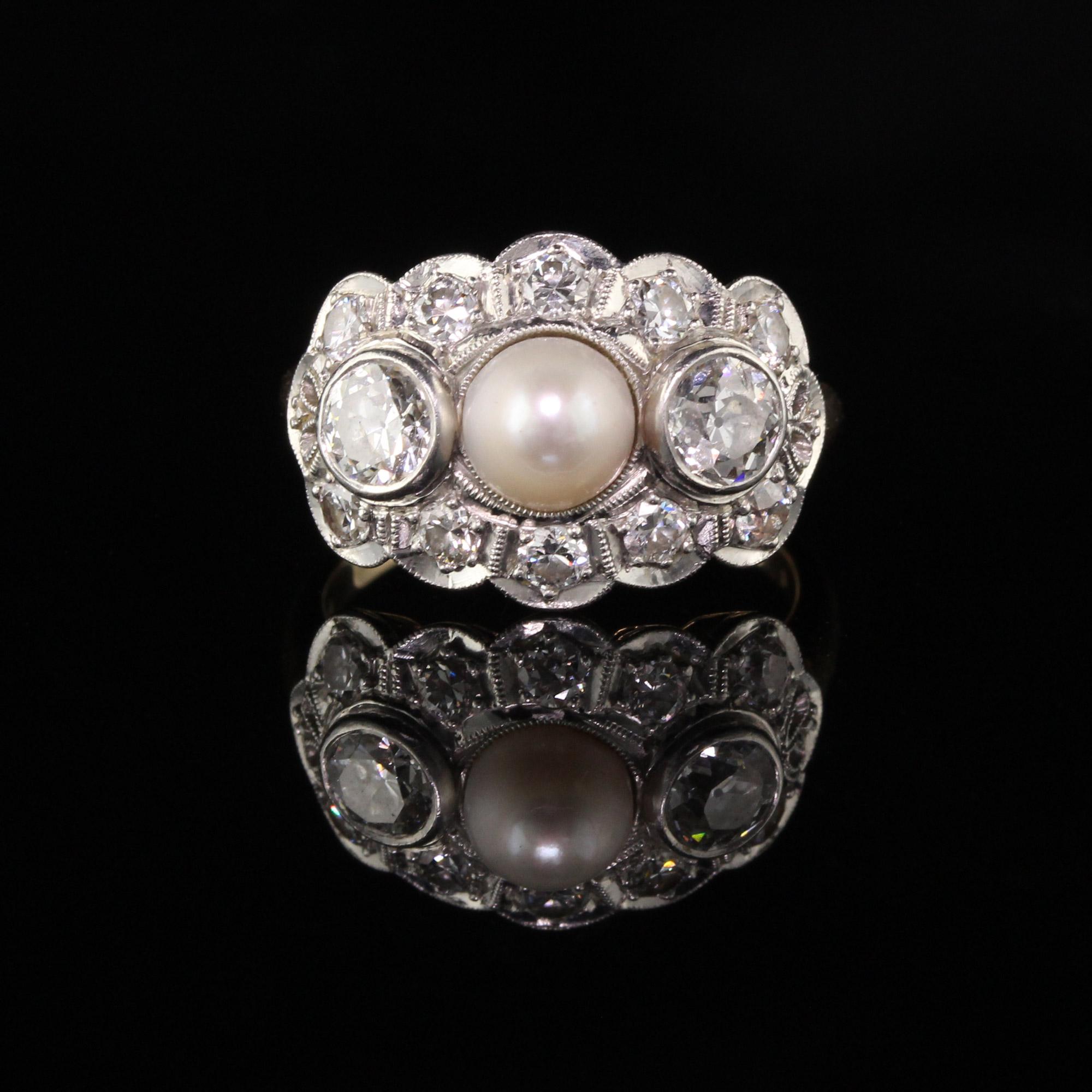 Antiker Art Deco 14 Karat Gelbgold Platin Drei-Stein-Perle Diamantring (Art déco)