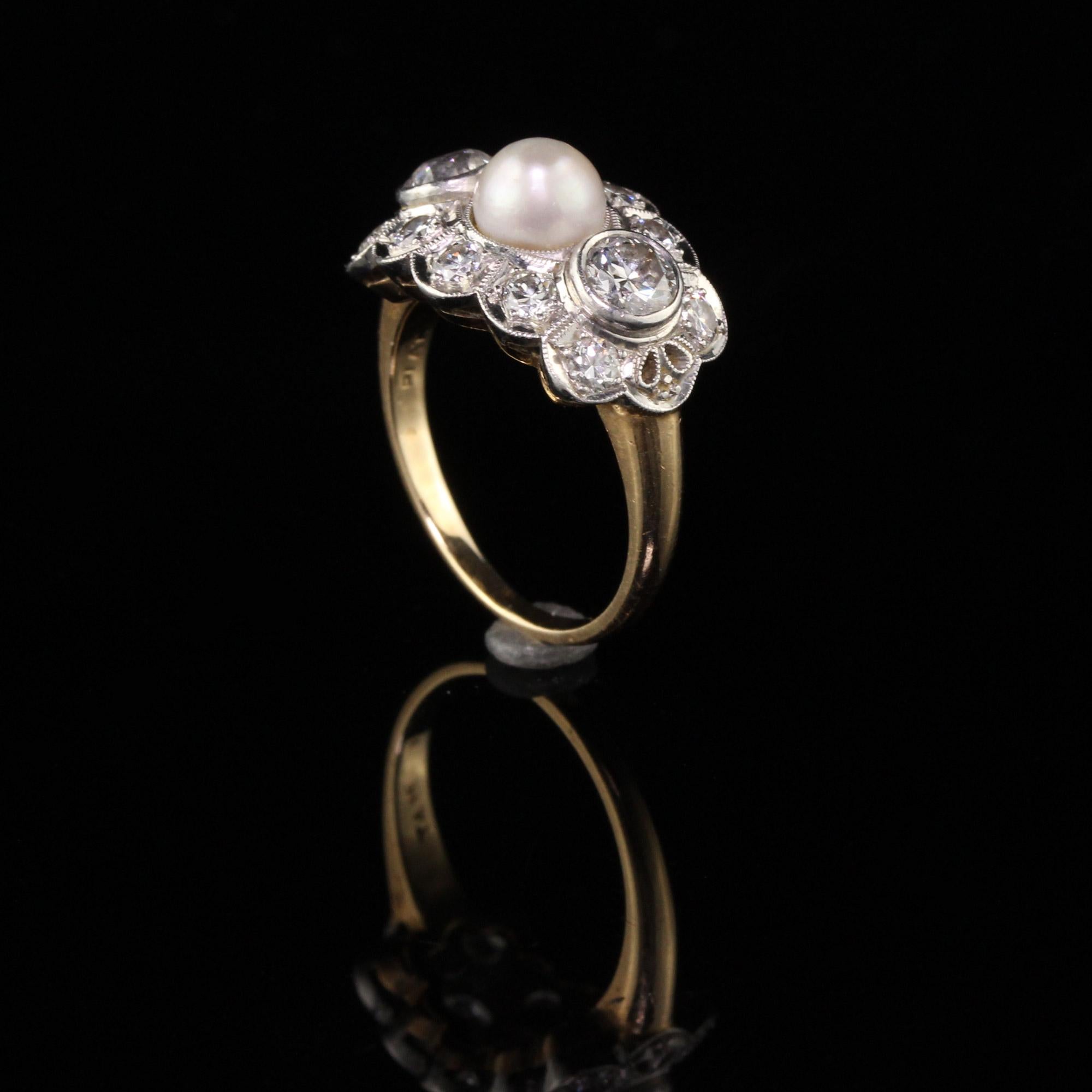 Antiker Art Deco 14 Karat Gelbgold Platin Drei-Stein-Perle Diamantring im Zustand „Gut“ in Great Neck, NY
