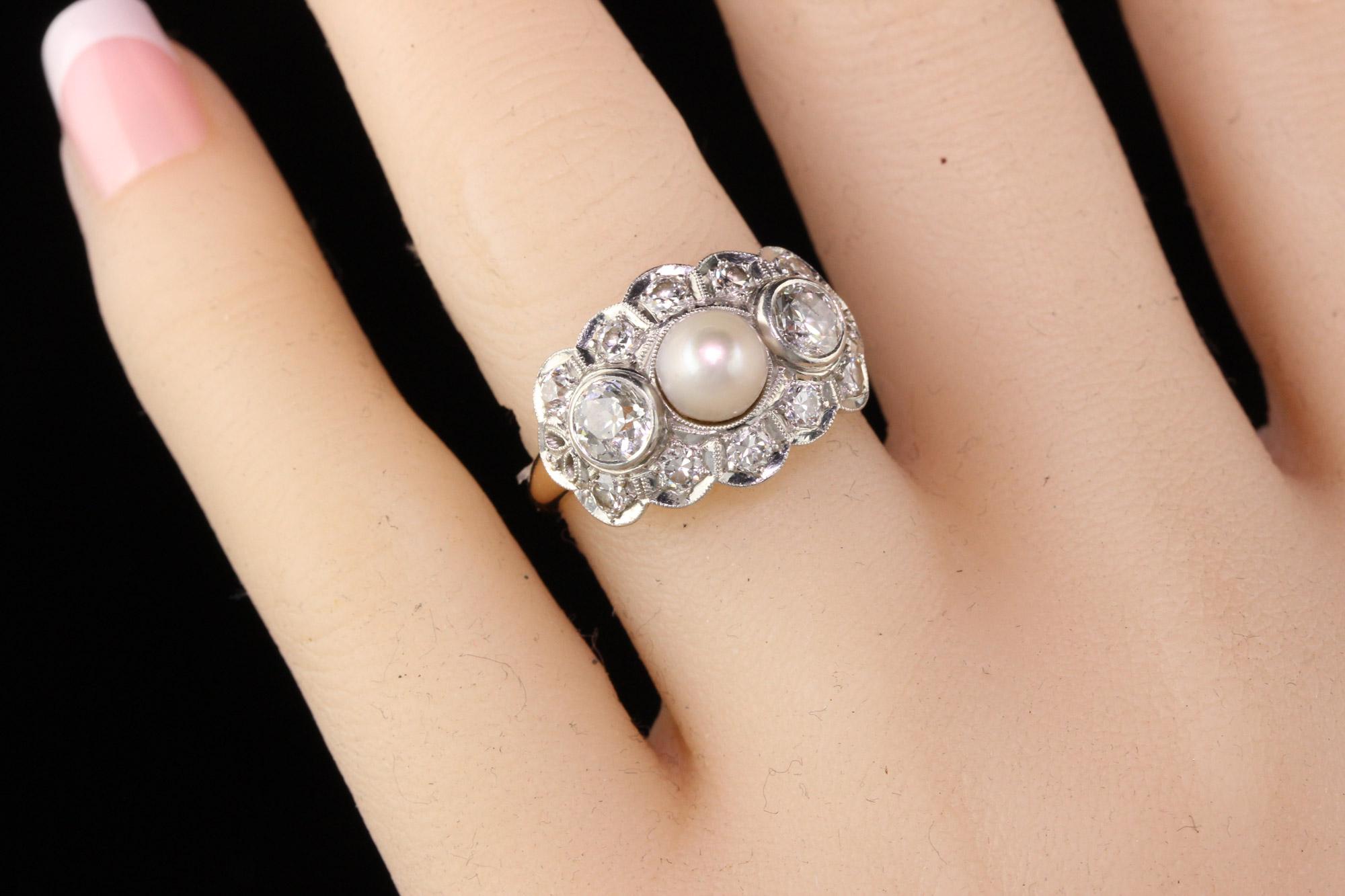 Antiker Art Deco 14 Karat Gelbgold Platin Drei-Stein-Perle Diamantring Damen
