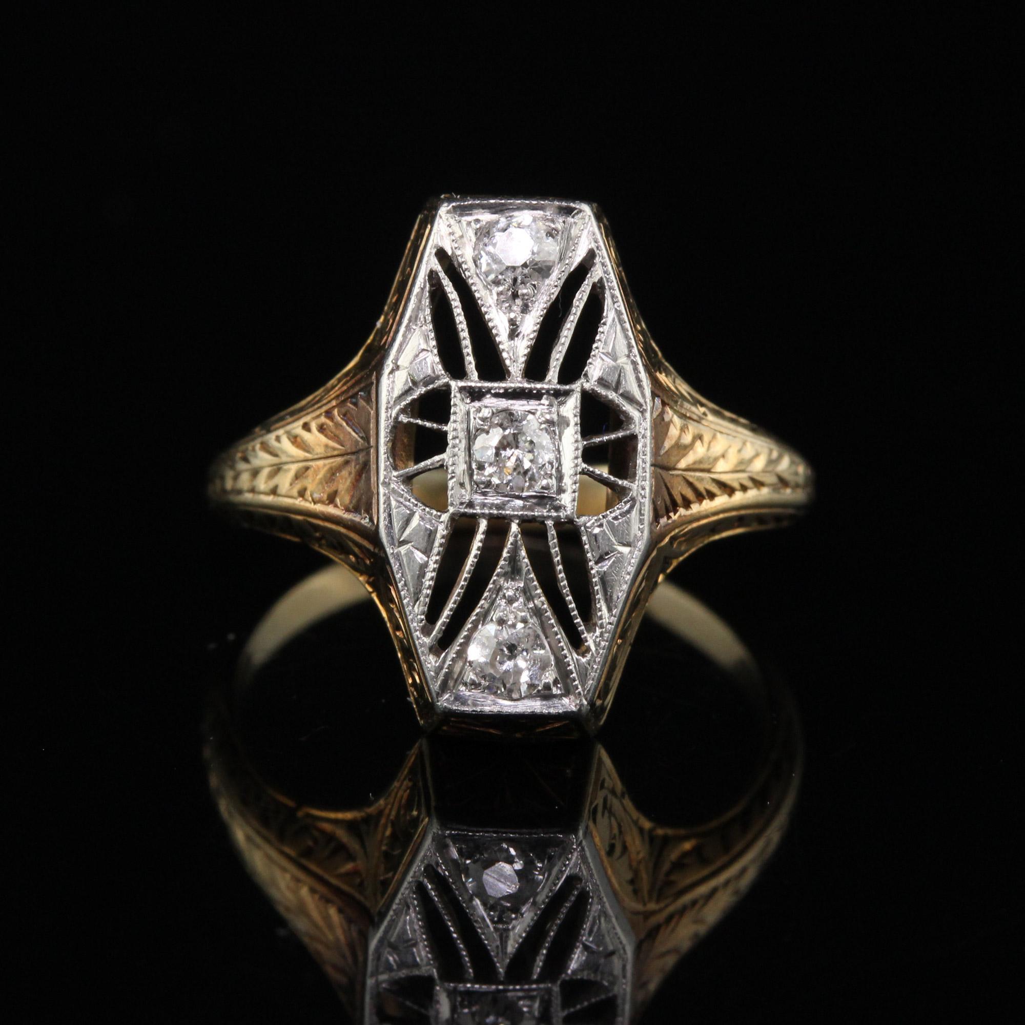 Old Mine Cut Antique Art Deco 14K Yellow Gold Platinum Top Old Mine Diamond Filigree Ring For Sale