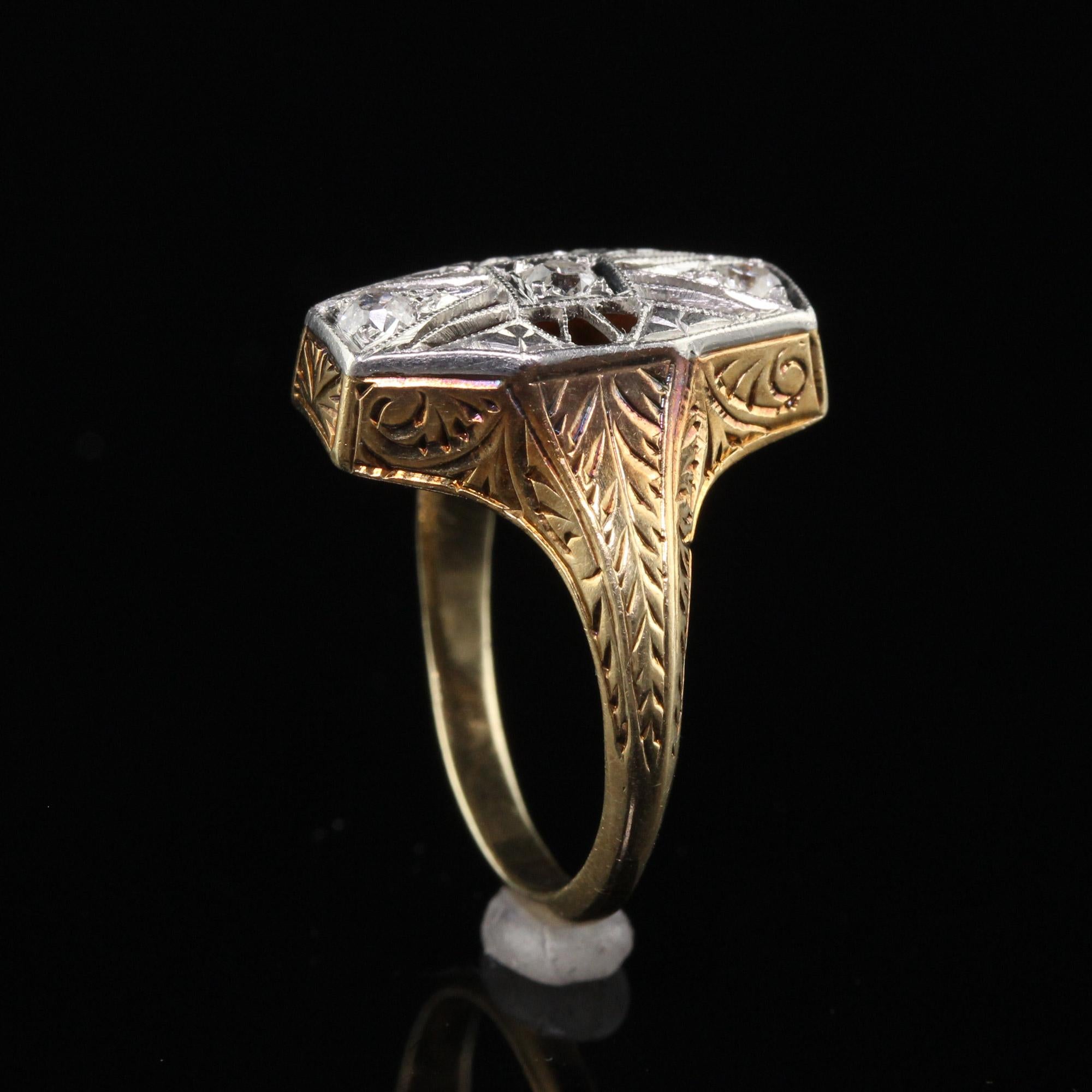 Women's Antique Art Deco 14K Yellow Gold Platinum Top Old Mine Diamond Filigree Ring For Sale