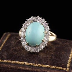 Antique Art Deco 14K Yellow Gold Platinum Top Turquoise and Diamond Halo Ring