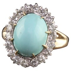 Antique Art Deco 14K Yellow Gold Platinum Top Turquoise and Diamond Halo Ring