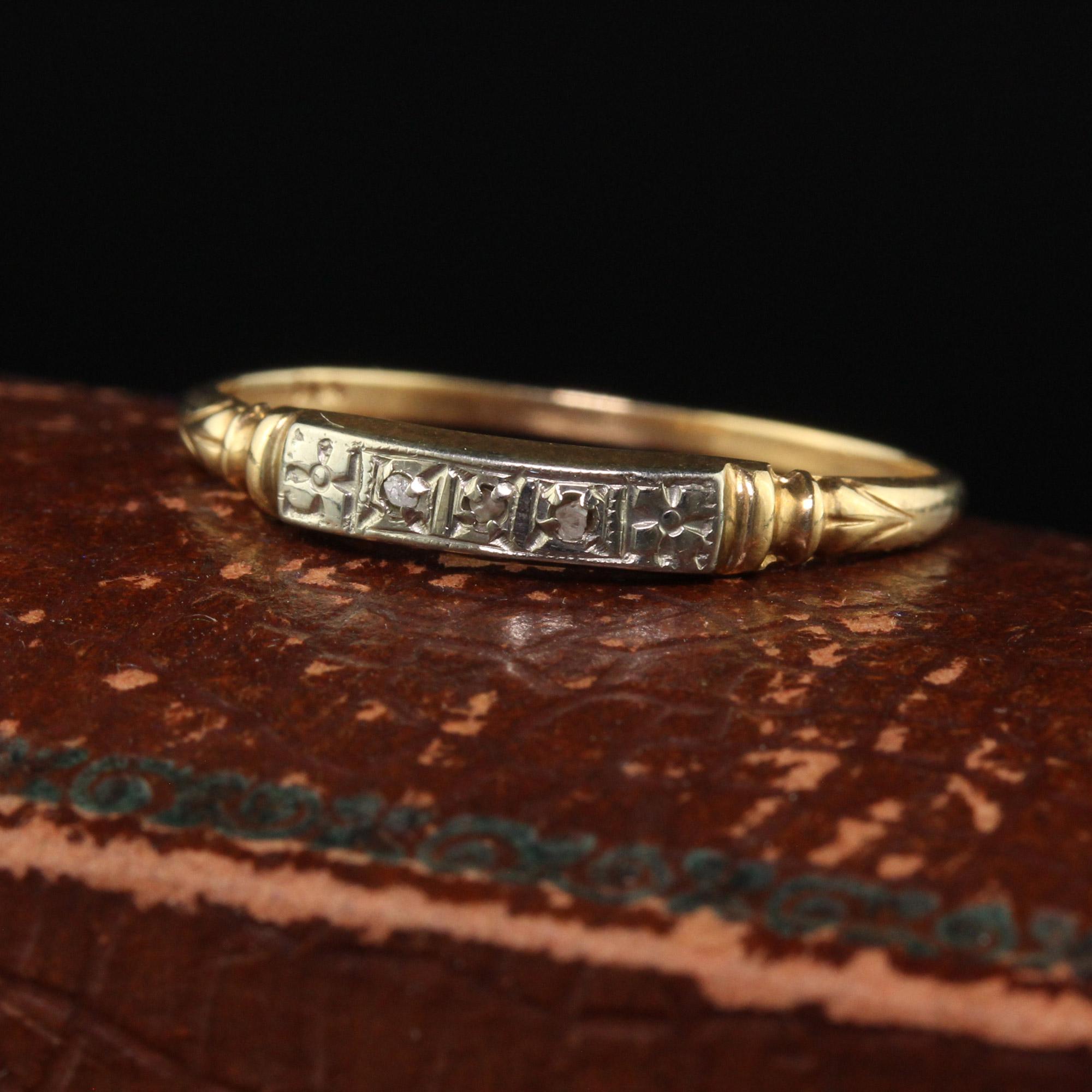 Beautiful Antique Art Deco 14K Yellow Gold Rose Cut Diamond Wedding Band - Size 6 1/4. This beautiful wedding band is crafted in 14k yellow gold. The center holds three small rose cut diamonds. The ring is in good condition and sits low on the